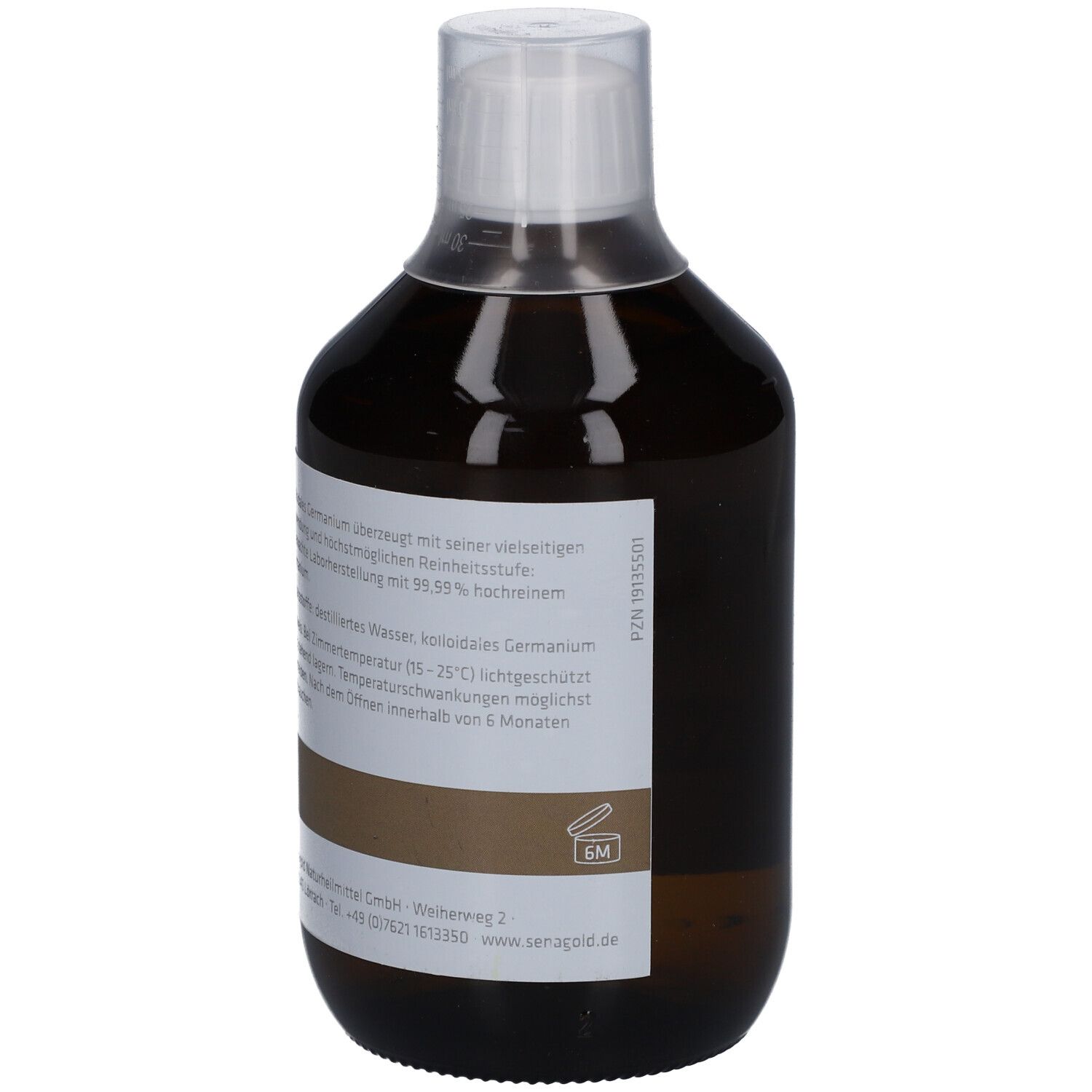 Braune Glasflasche mit weißem Etikett. Text: Informationen zum Produkt, 5M-Symbol.