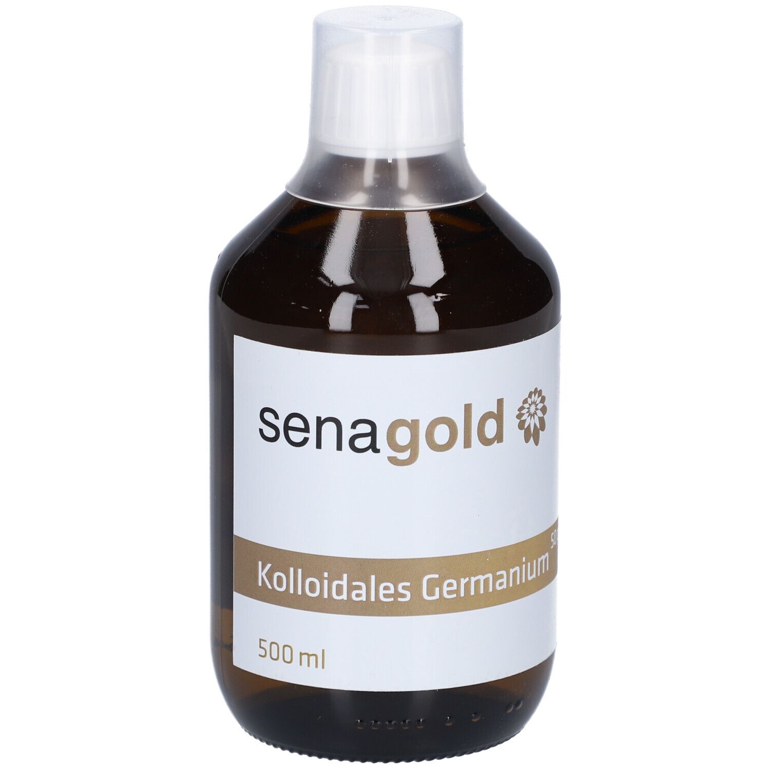 Braune Glasflasche mit weißem Etikett. Aufschrift: senagold, Kolloidales Germanium, 500 ml.