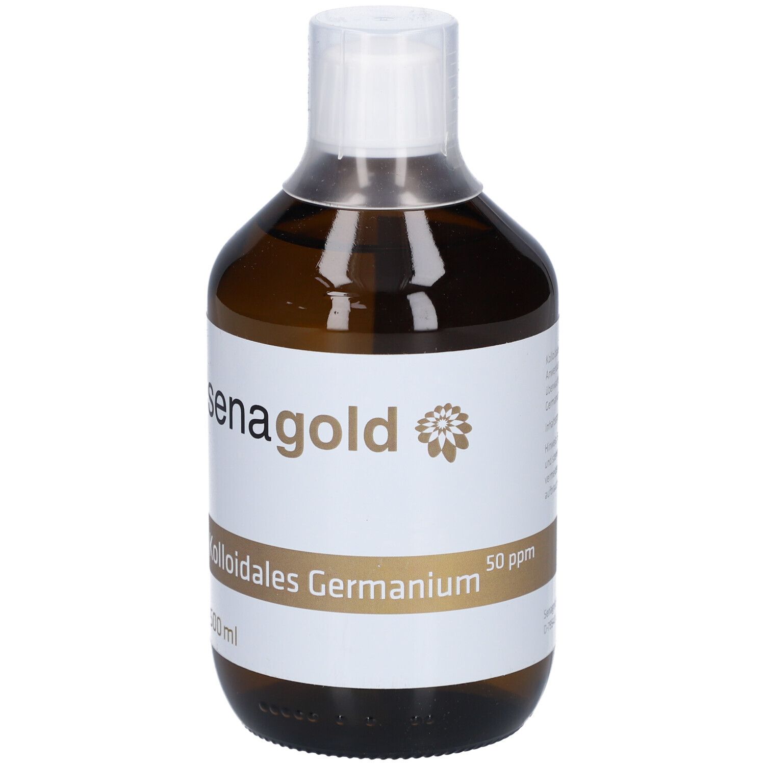 Braune Glasflasche mit weißem Etikett. Aufschrift: senagold, Kolloidales Germanium, 50 ppm, 500 ml.