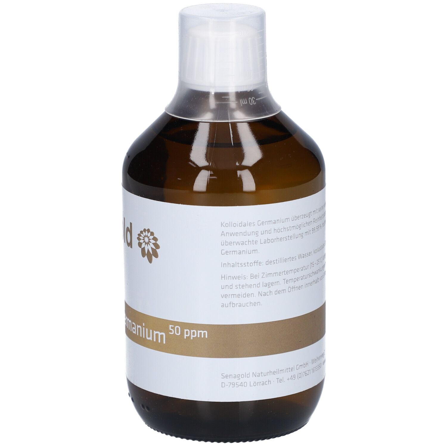 Braune Glasflasche mit weißem Etikett. Aufschrift: senagold, Kolloidales Germanium, 50 ppm.