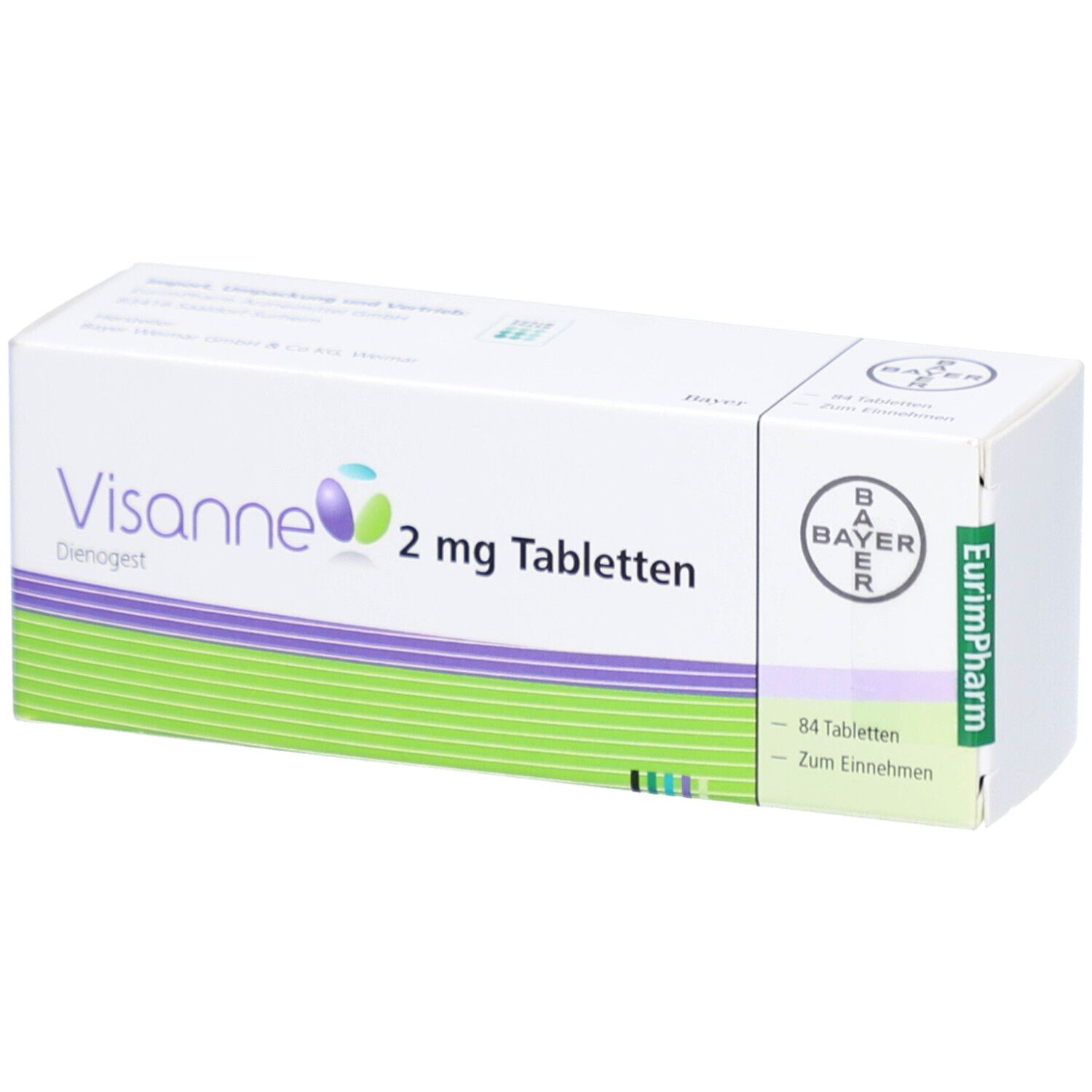 Weiße Schachtel mit "Visanne 2 mg Tabletten"-Aufdruck. Bayer-Logo und "84 Tabletten" sichtbar. Grün-lila Design.