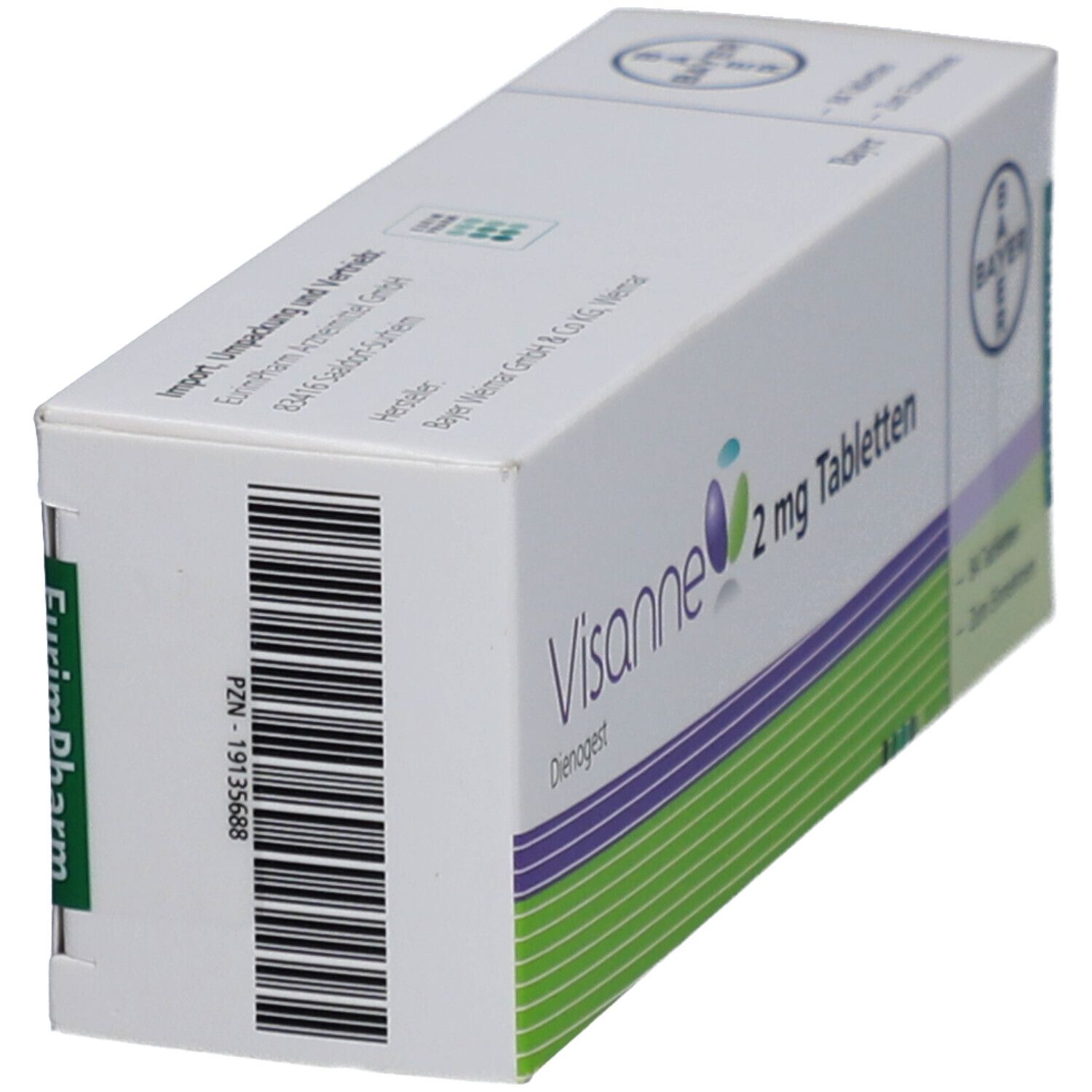 Schachtel mit "Visanne 2 mg Tabletten" und Barcode. Bayer-Logo und "EurimPharm"-Logo sichtbar. Grün-lila Design.