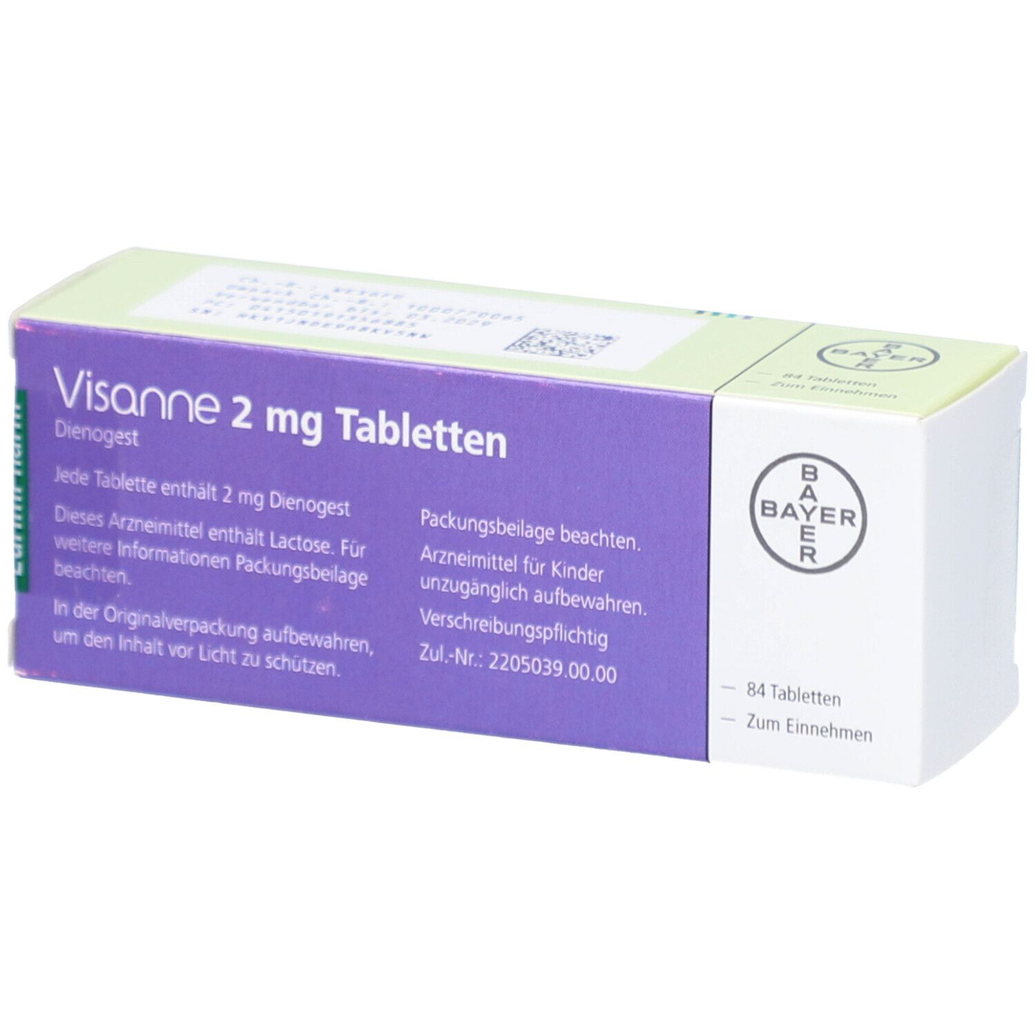 Schachtel mit "Visanne 2 mg Tabletten". Bayer-Logo und "84 Tabletten" sichtbar. Grün-lila Design. Text auf Deutsch.