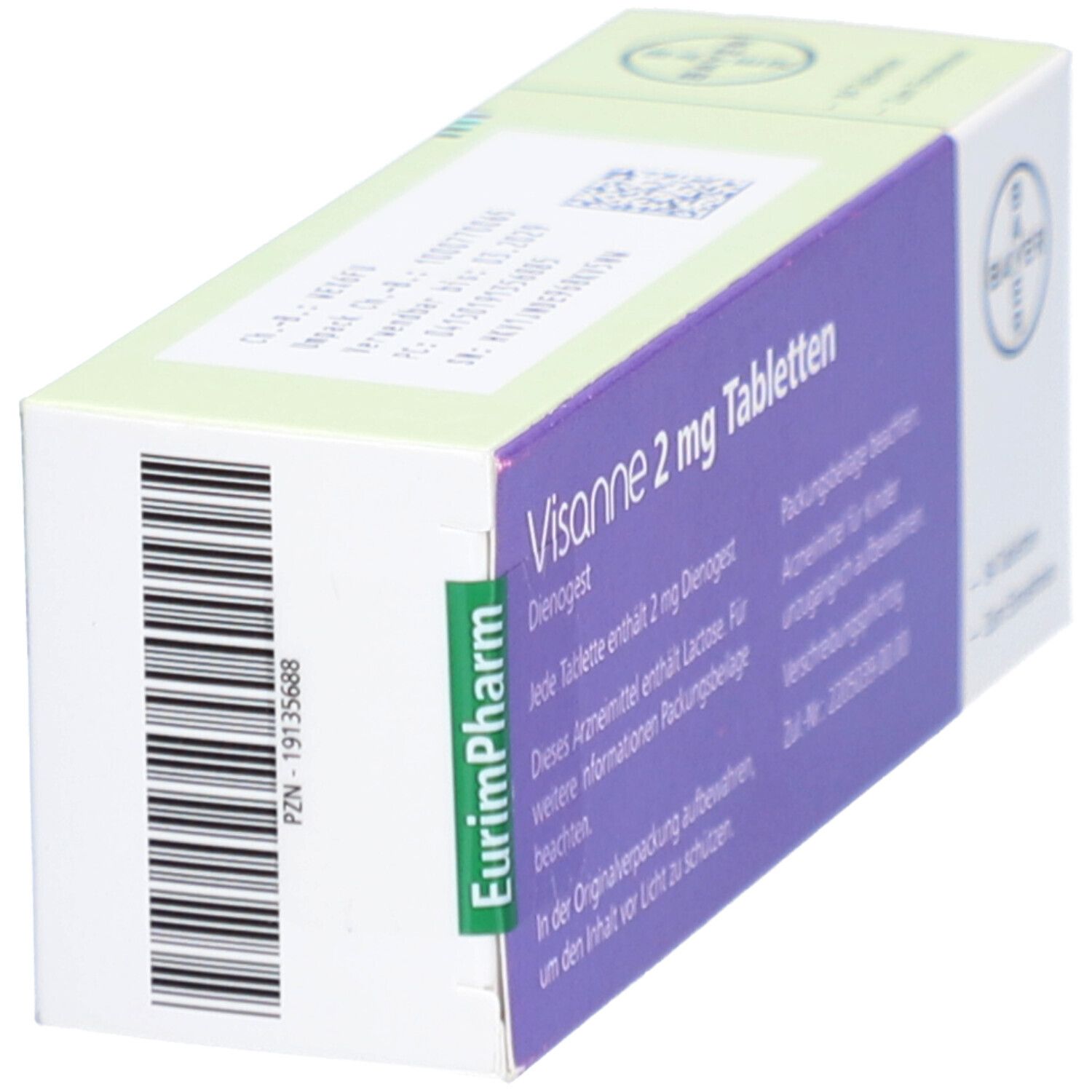 Schachtel mit "Visanne 2 mg Tabletten". Bayer-Logo und "EurimPharm"-Logo sichtbar. Grün-lila Design. Text auf Deutsch.