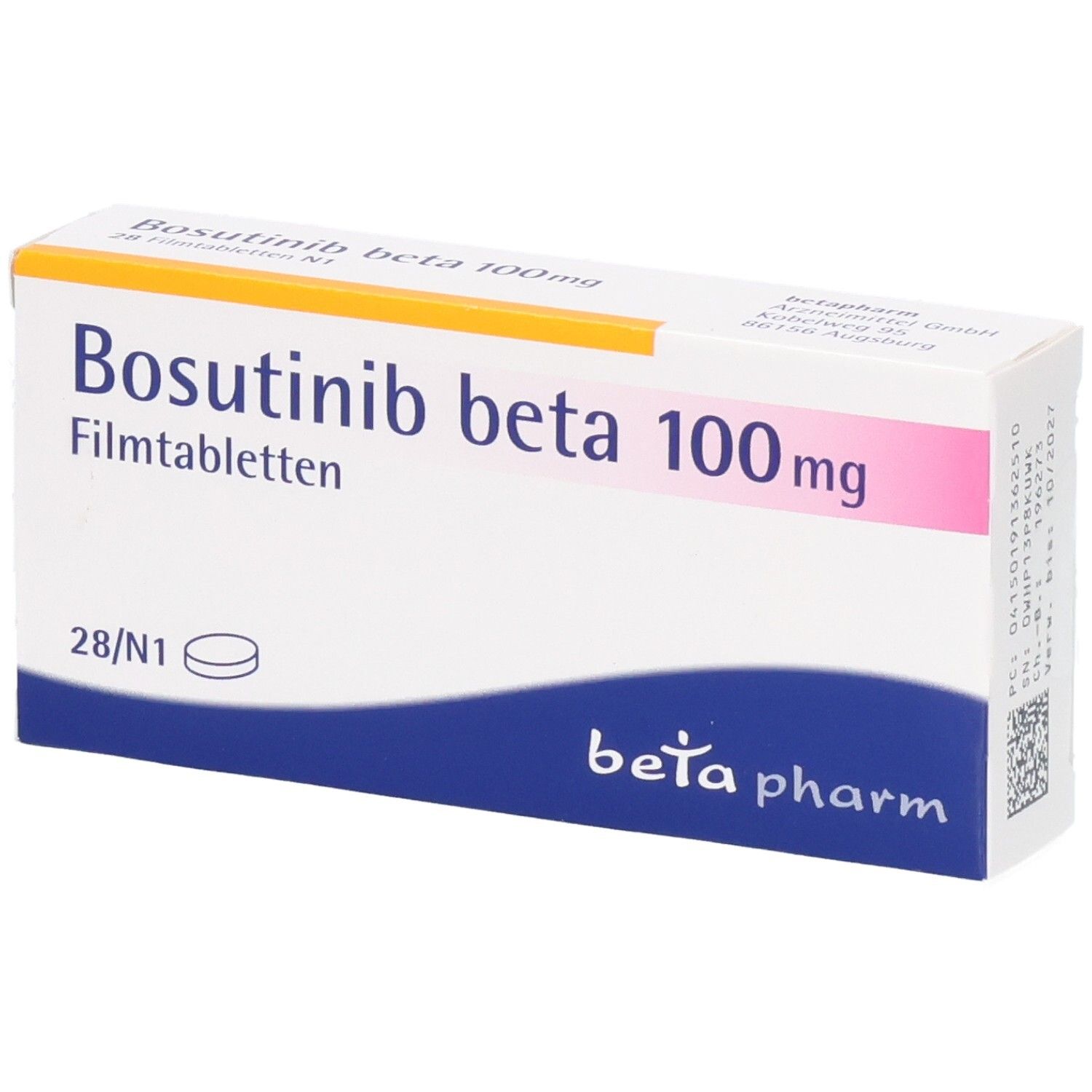 Schachtel mit Bosutinib beta 100 mg Filmtabletten. Weiß, mit blauer Welle und rosa Akzenten. Beschriftung.