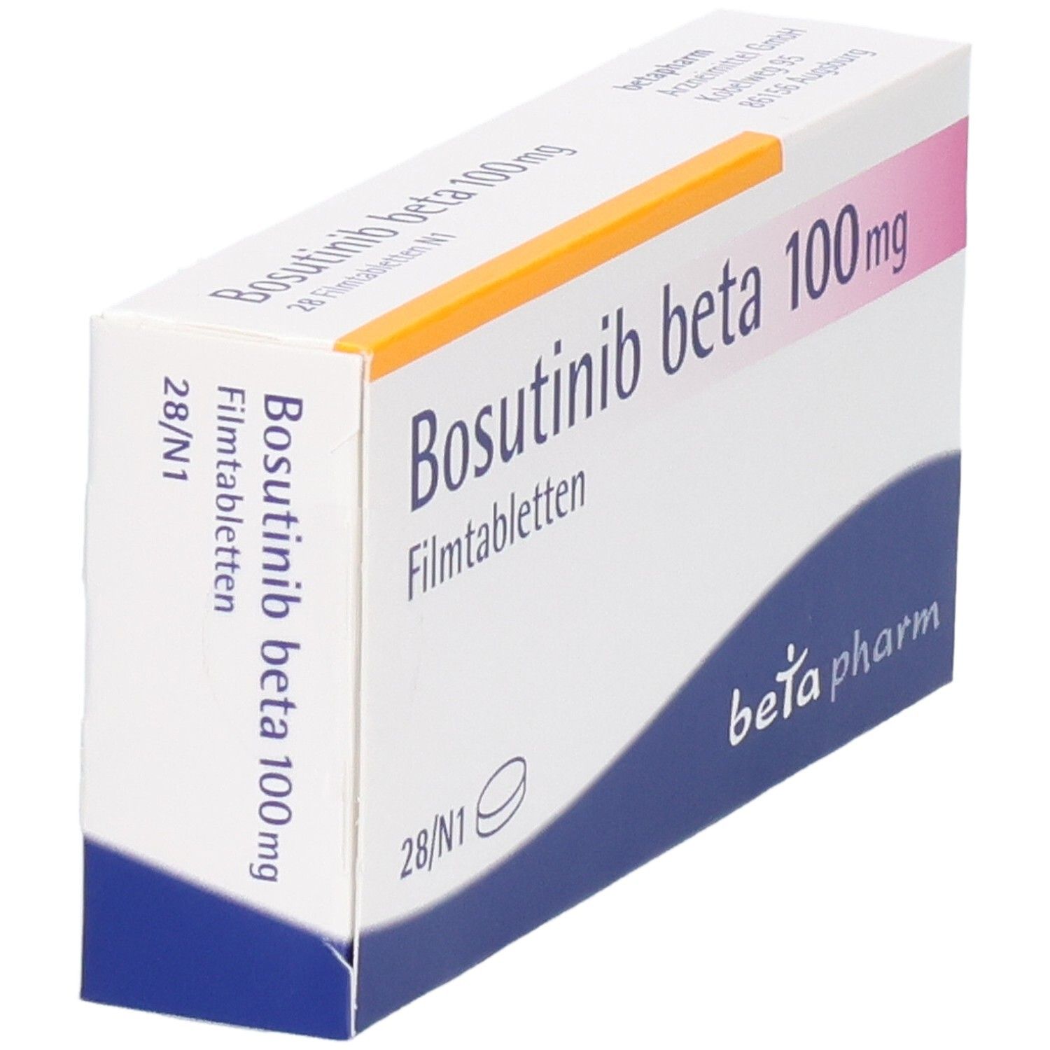 Schachtel Bosutinib beta 100 mg Filmtabletten, schräg. Weiß, blaue Welle, rosa Akzent. Beschriftung und Logo.