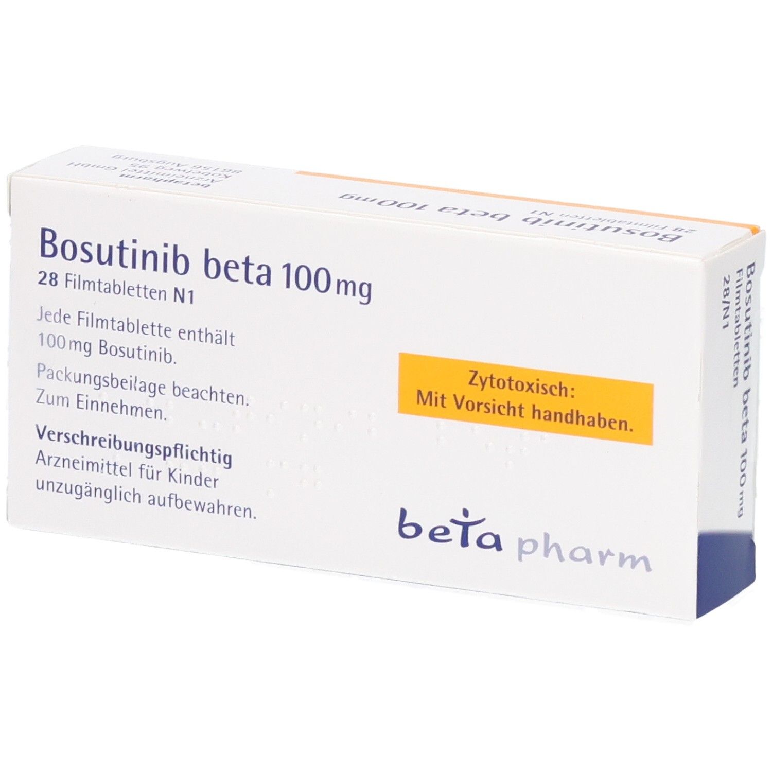 Schachtel Bosutinib beta 100 mg Filmtabletten. Weiß, gelber Hinweis 'Zytotoxisch'. Beschriftung und Logo.