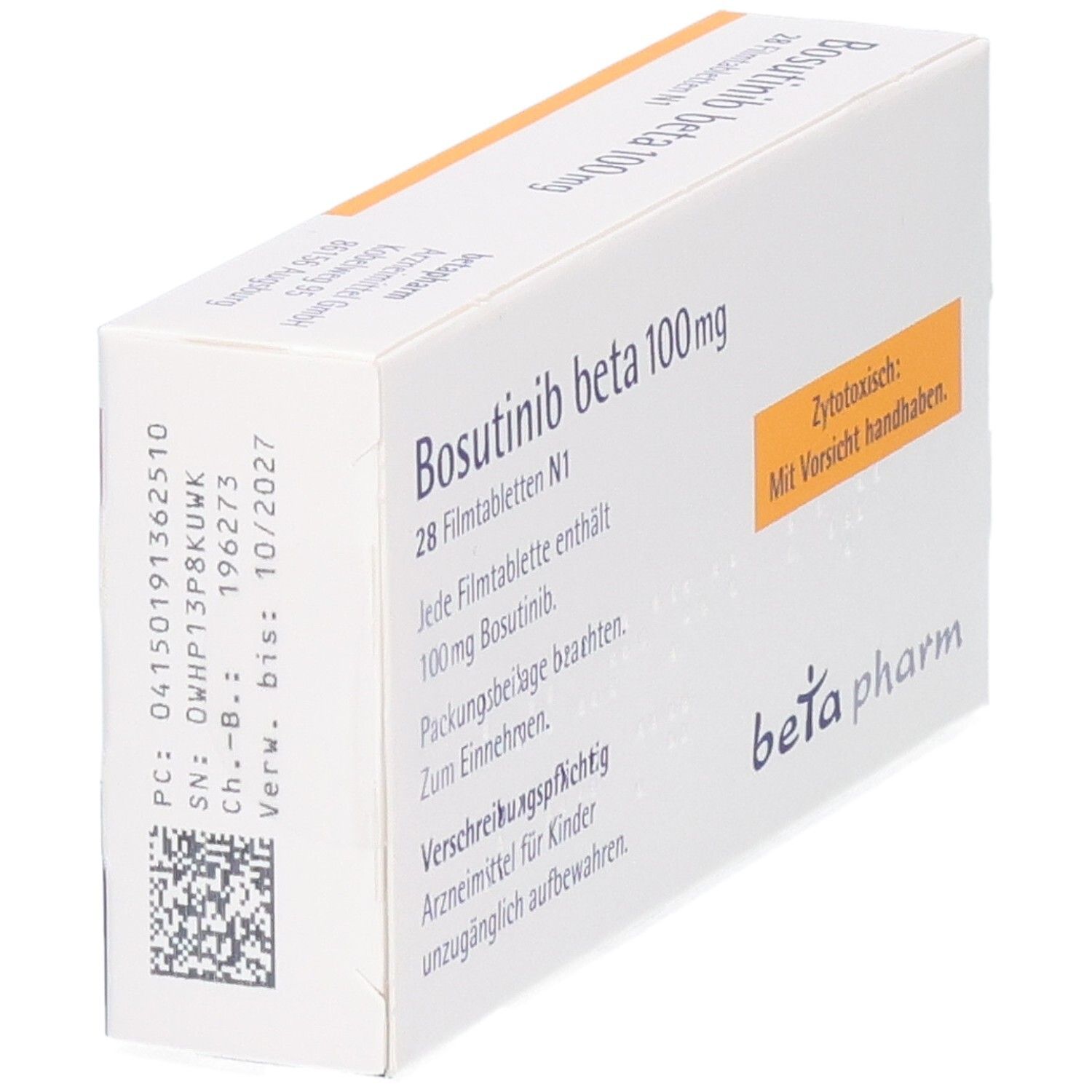 Schachtel Bosutinib beta 100 mg Filmtabletten, schräg. Weiß, gelber Hinweis 'Zytotoxisch'. Beschriftung und Logo.