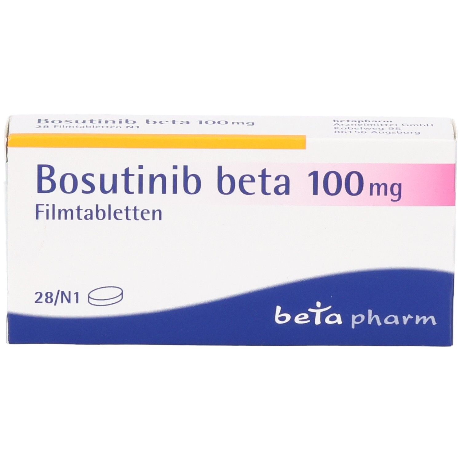 Schachtel Bosutinib beta 100 mg Filmtabletten. Weiß, rosa Akzent. Beschriftung, Logo und Tabletten-Symbol.