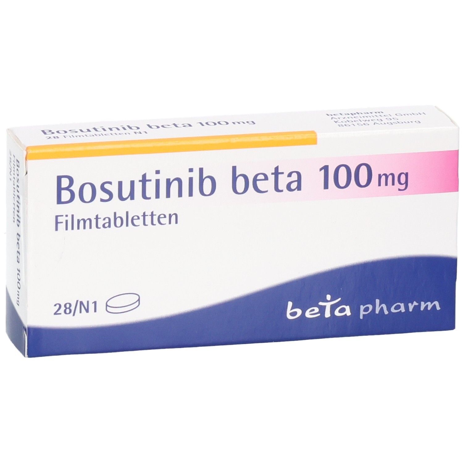 Schachtel Bosutinib beta 100 mg Filmtabletten. Weiß, blaue Welle und rosa Akzent. Beschriftung und Logo.