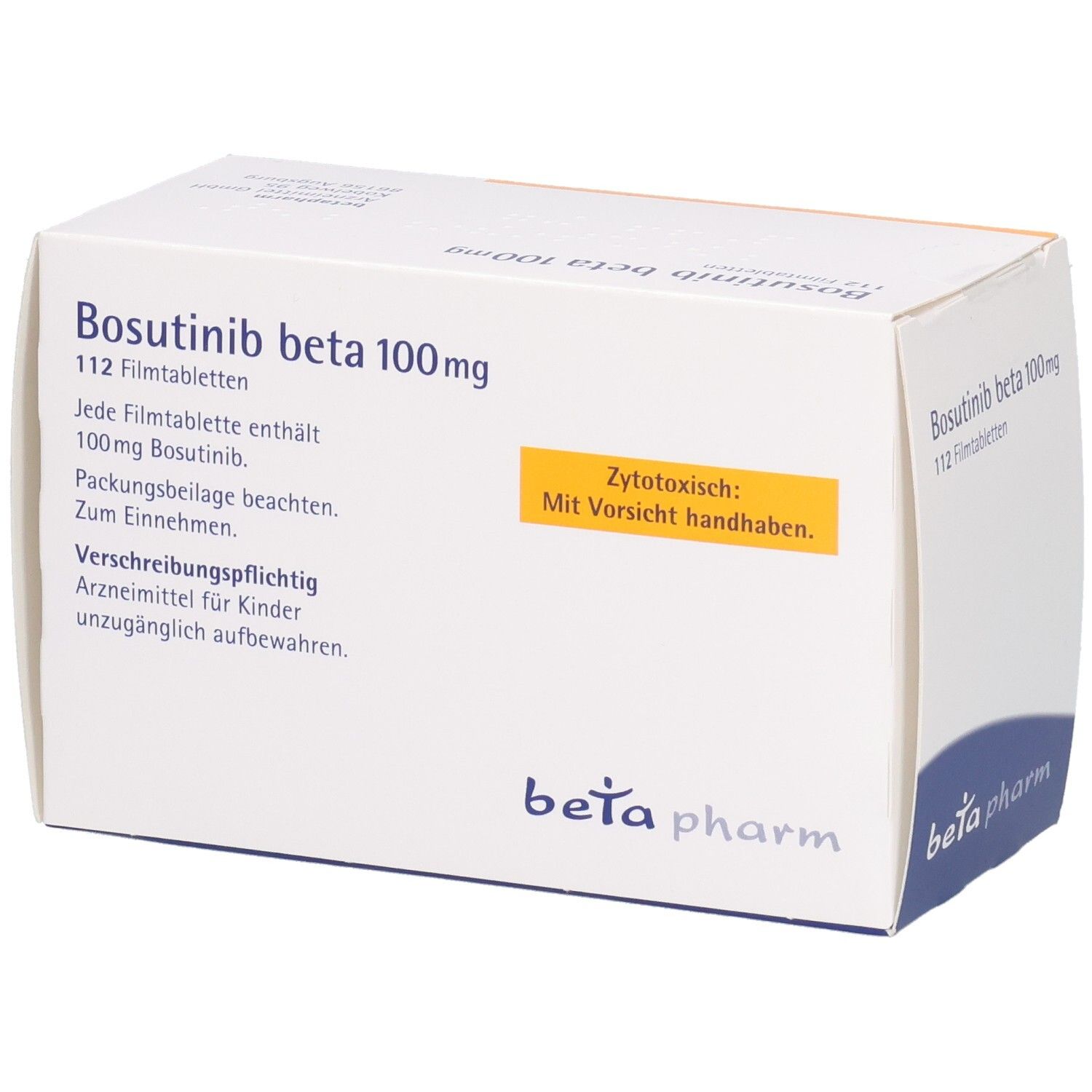 BOSUTINIB beta 100 mg Filmtabletten Schachtel mit Warnhinweis 'Zytotoxisch'.