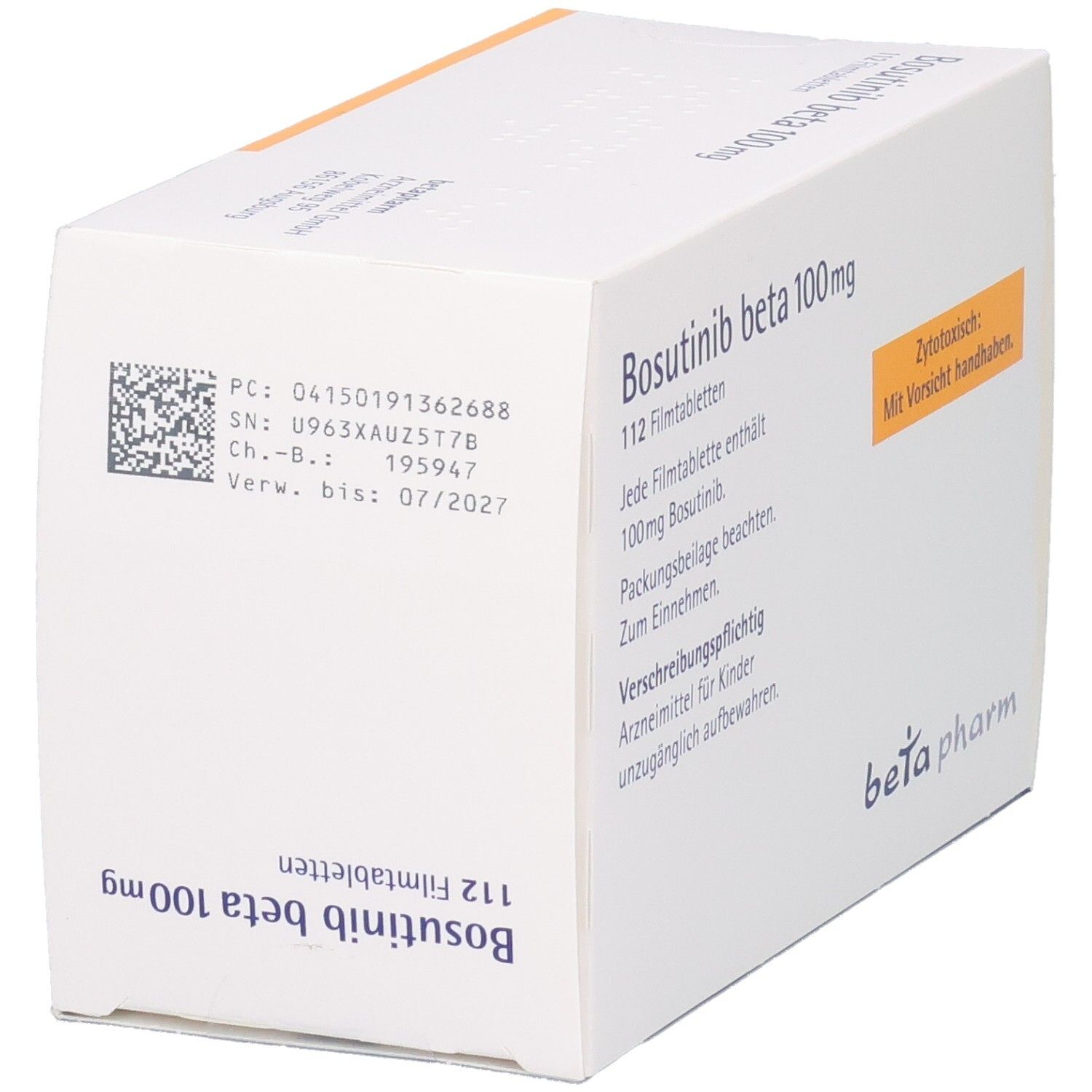 BOSUTINIB beta 100 mg Filmtabletten Schachtel mit Chargennummer und Verfallsdatum.