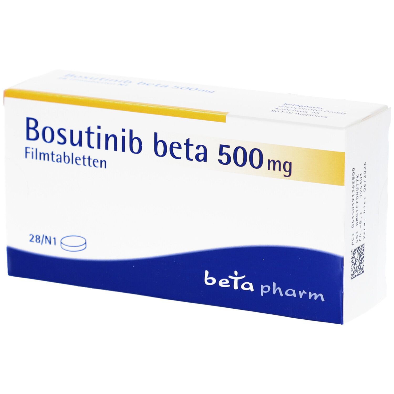 Schachtel mit Bosutinib beta 500mg Filmtabletten. Blaue und gelbe Akzente. Beta pharm Logo.