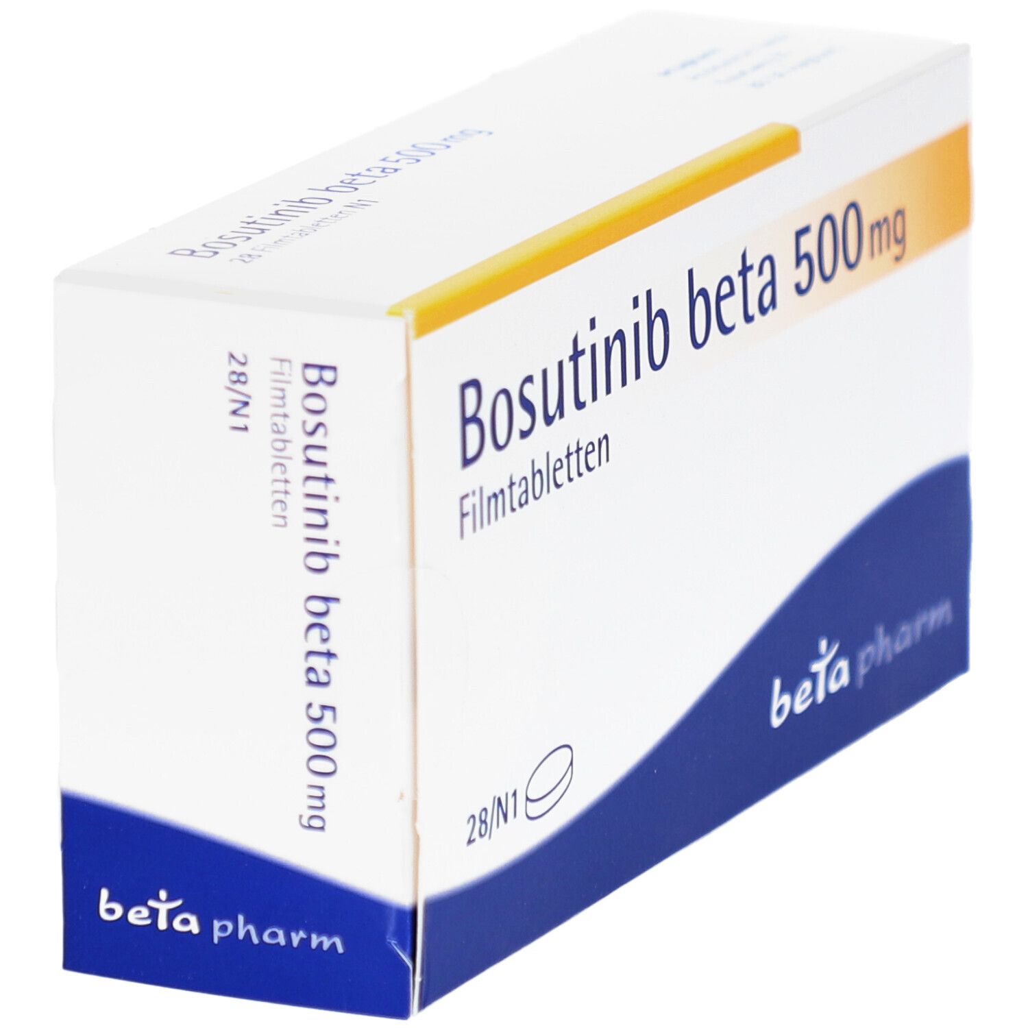Schachtel mit Bosutinib beta 500mg Filmtabletten. Weiß, mit gelben und blauen Akzenten. Beschriftung: beta pharm.