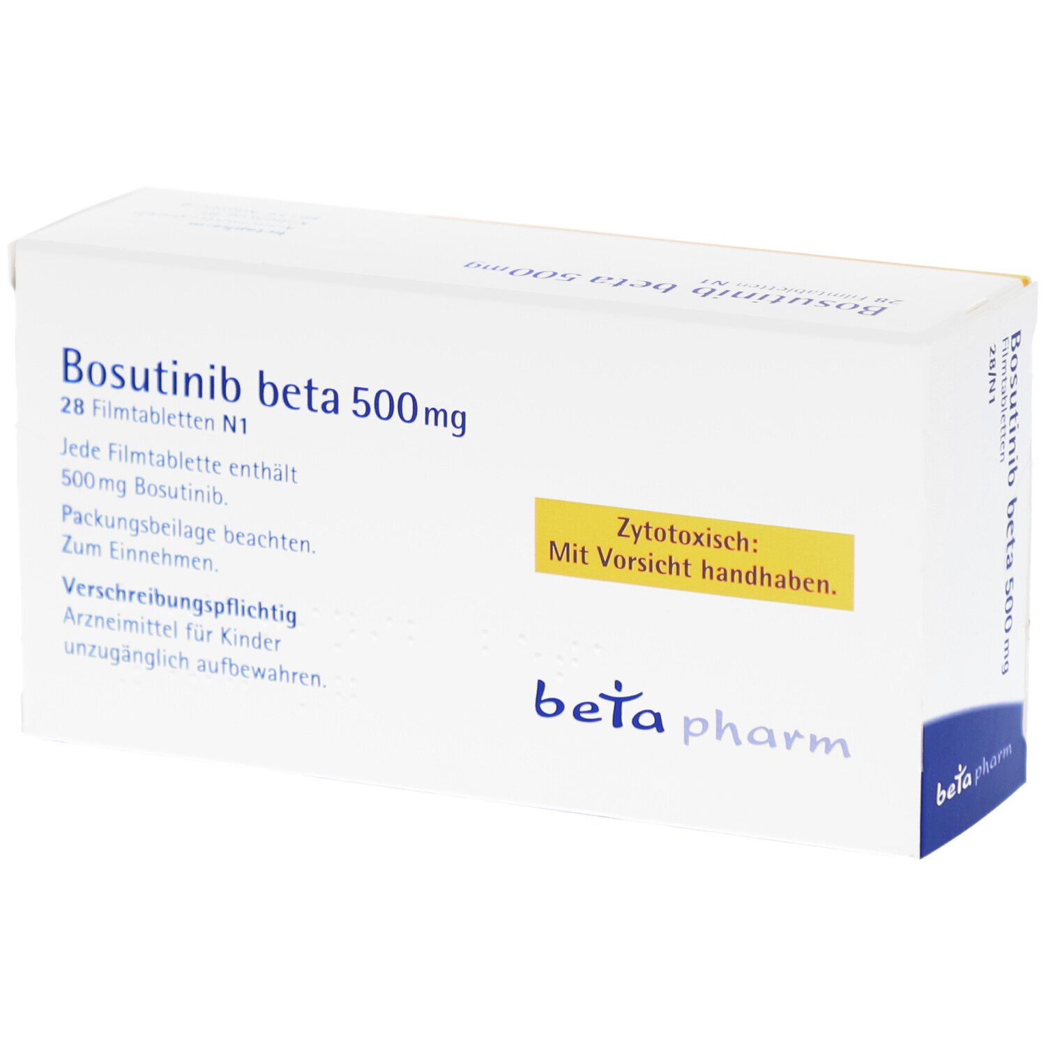 Geöffnete Schachtel mit Bosutinib beta 500mg Filmtabletten. Text: Zytotoxisch. beta pharm Logo. Weiße Verpackung.