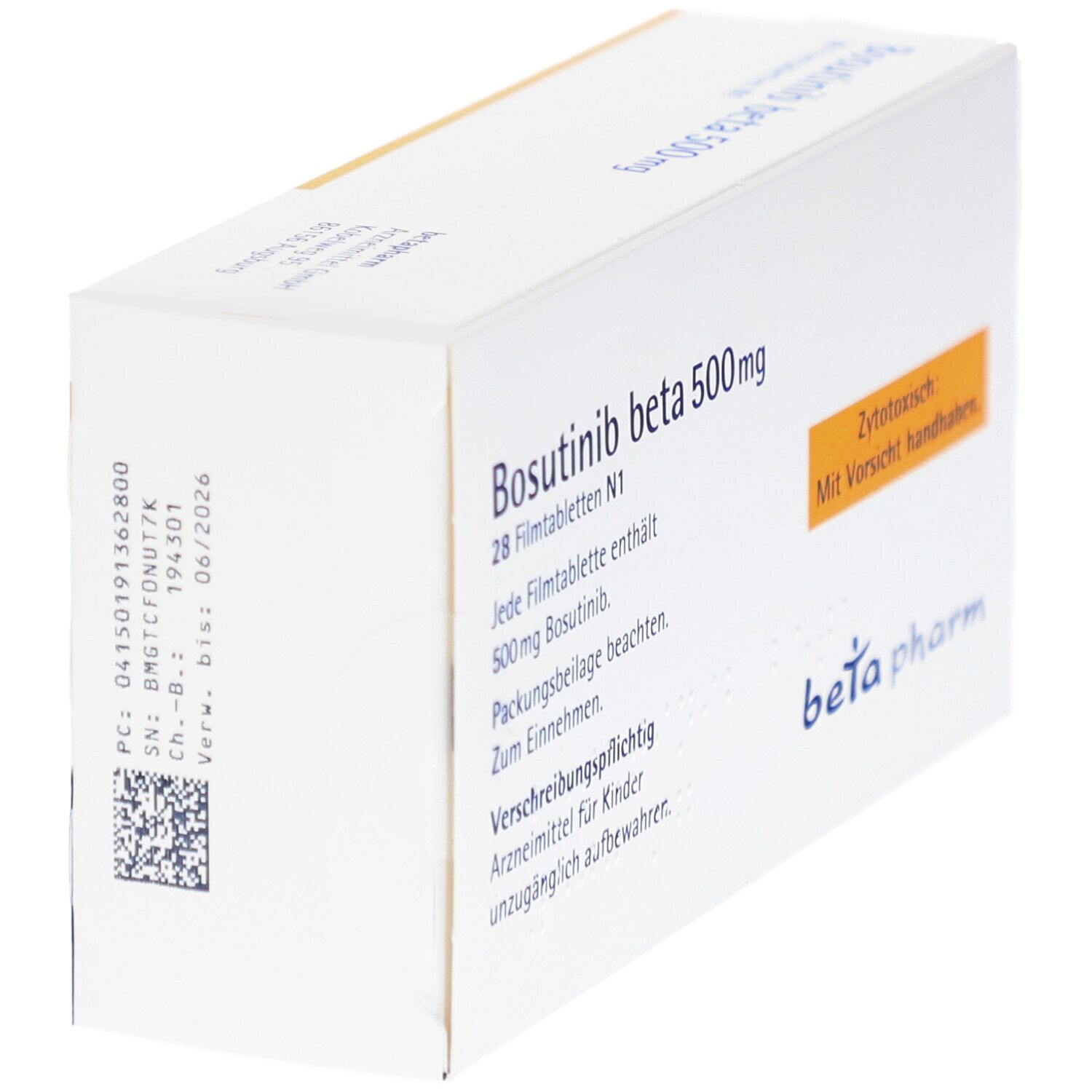 Schachtel Bosutinib beta 500mg Filmtabletten. Weiße Verpackung mit gelben und blauen Akzenten. Text: beta pharm.