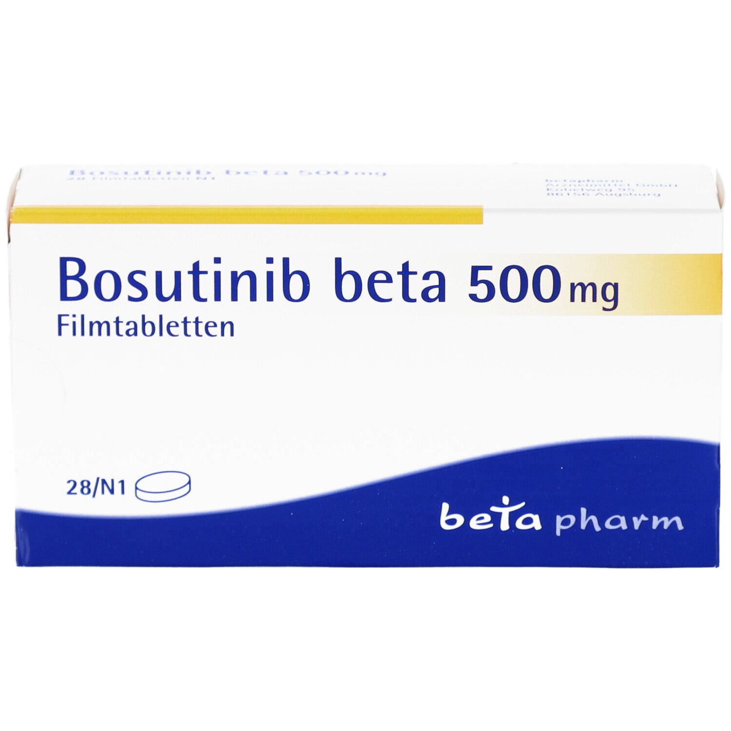 Schachtel Bosutinib beta 500mg Filmtabletten. Weiß mit blauem Streifen. Text: beta pharm. 28/N1. Tabletten-Symbol.