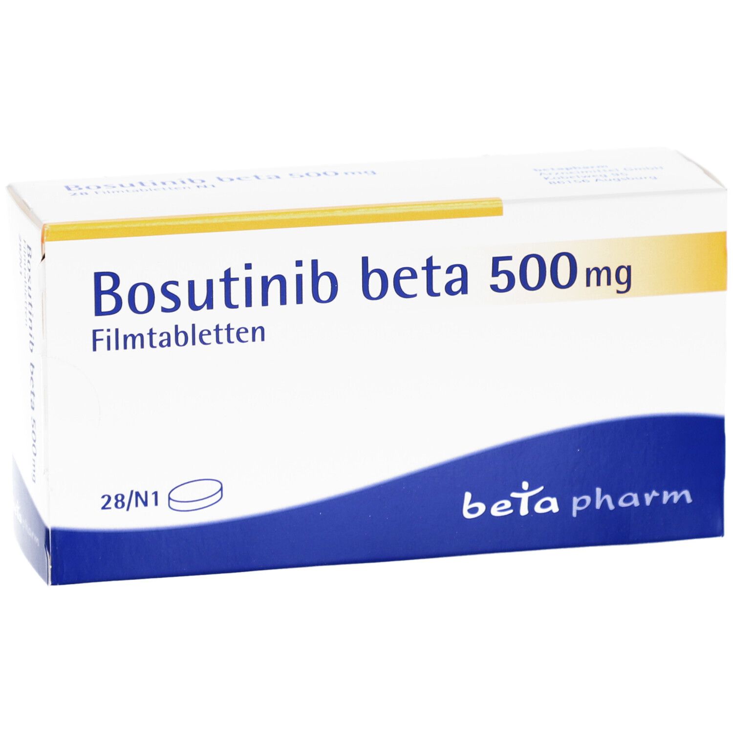 Schachtel Bosutinib beta 500mg Filmtabletten. Weiß mit blauem Streifen. Text: beta pharm. 28/N1. Tabletten-Symbol.