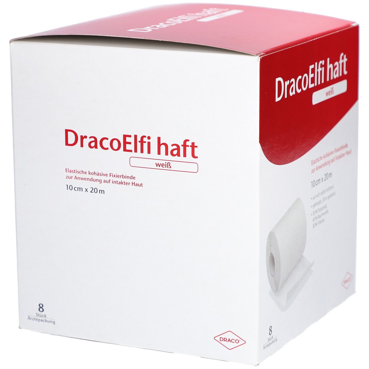 Verpackung für DracoElfi haft, weiße elastische Fixierbinde, 10 cm x 20 m.