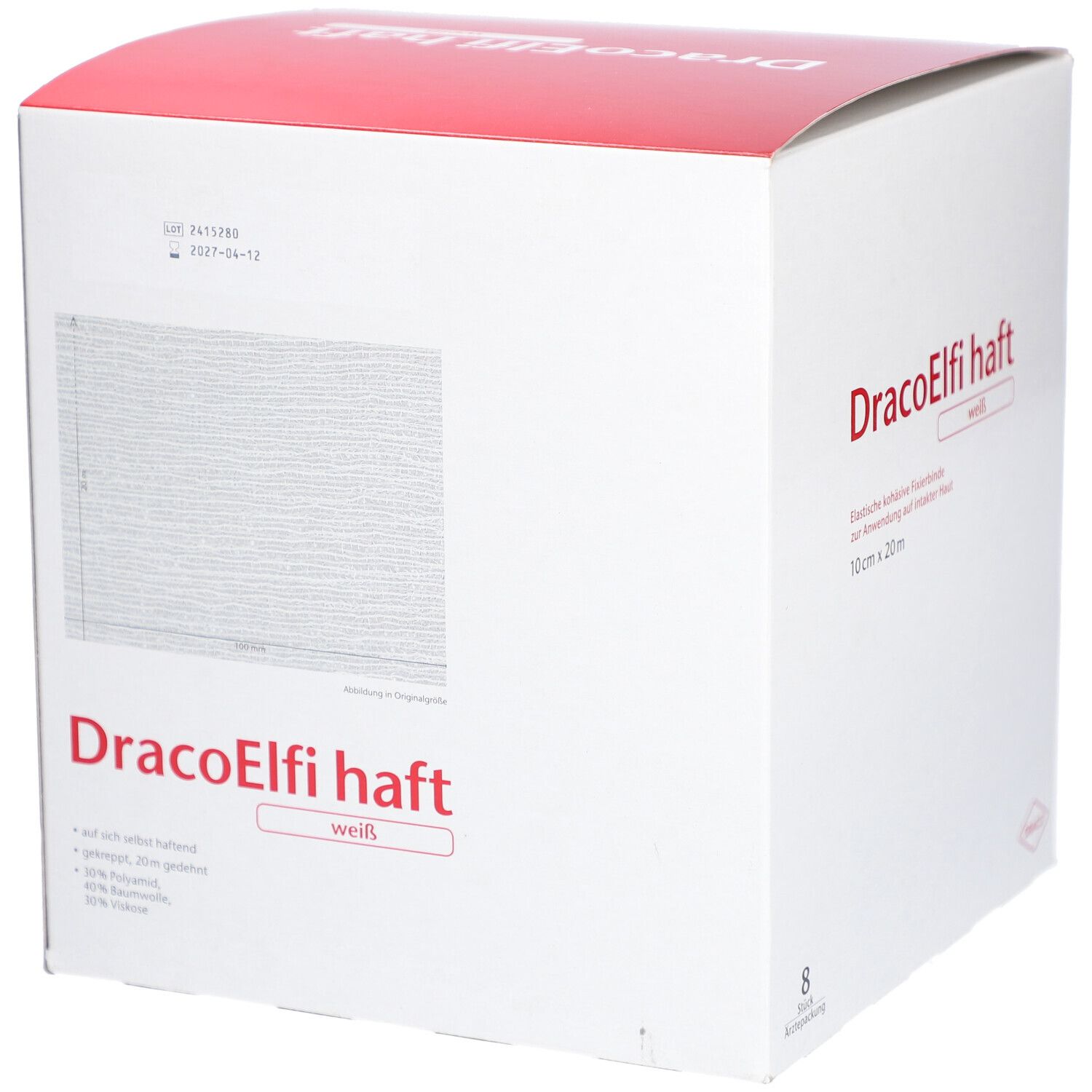 Verpackung für DracoElfi haft, weiße elastische Fixierbinde, 10 cm x 20 m.