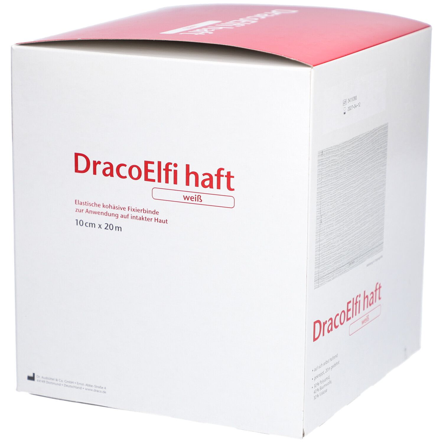 Verpackung für DracoElfi haft, weiße elastische Fixierbinde, 10 cm x 20 m.