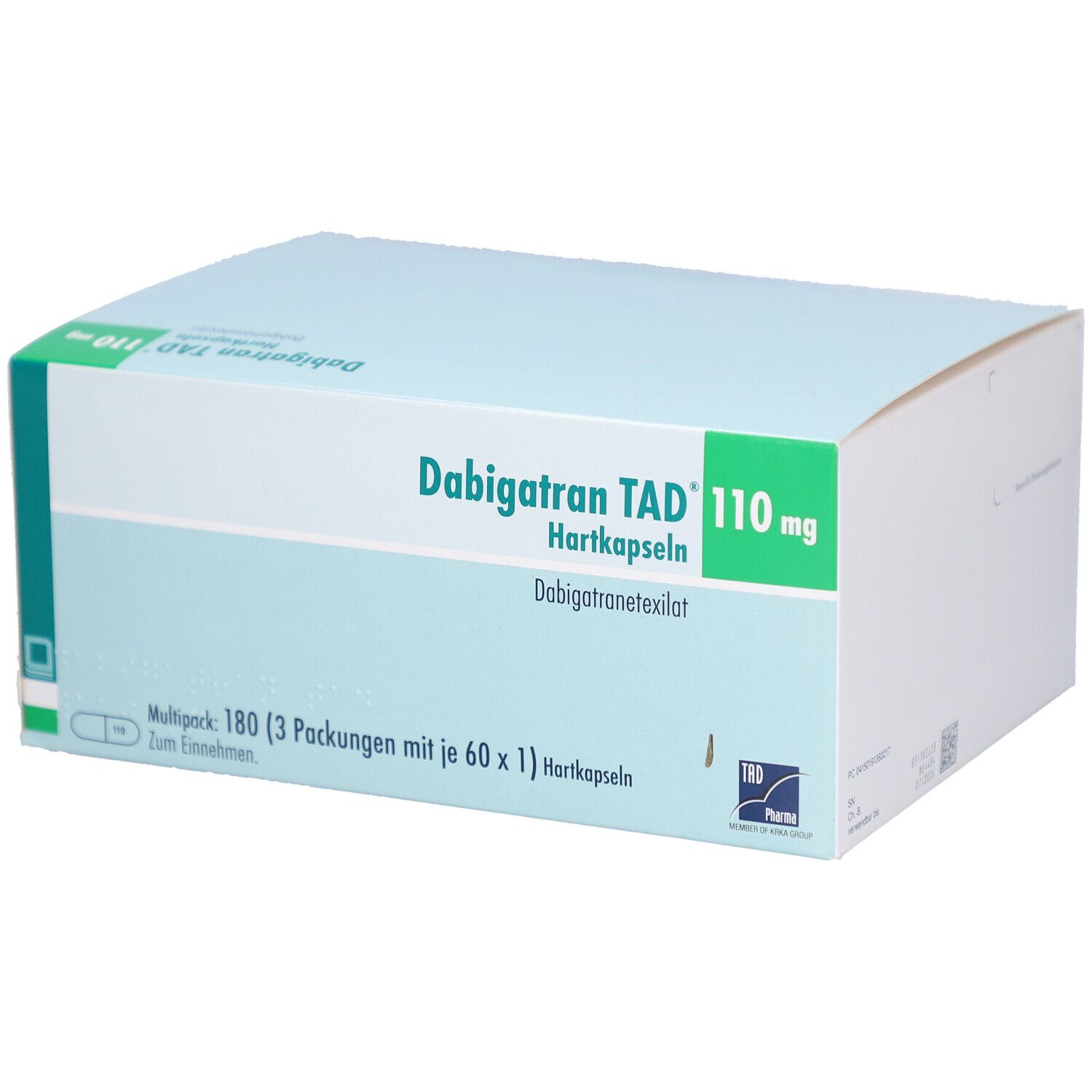 Dabigatran TAD 110 mg Hartkapseln. Verpackung mit Produktinformationen. Mehrpackung: 180 Kapseln (3x60).