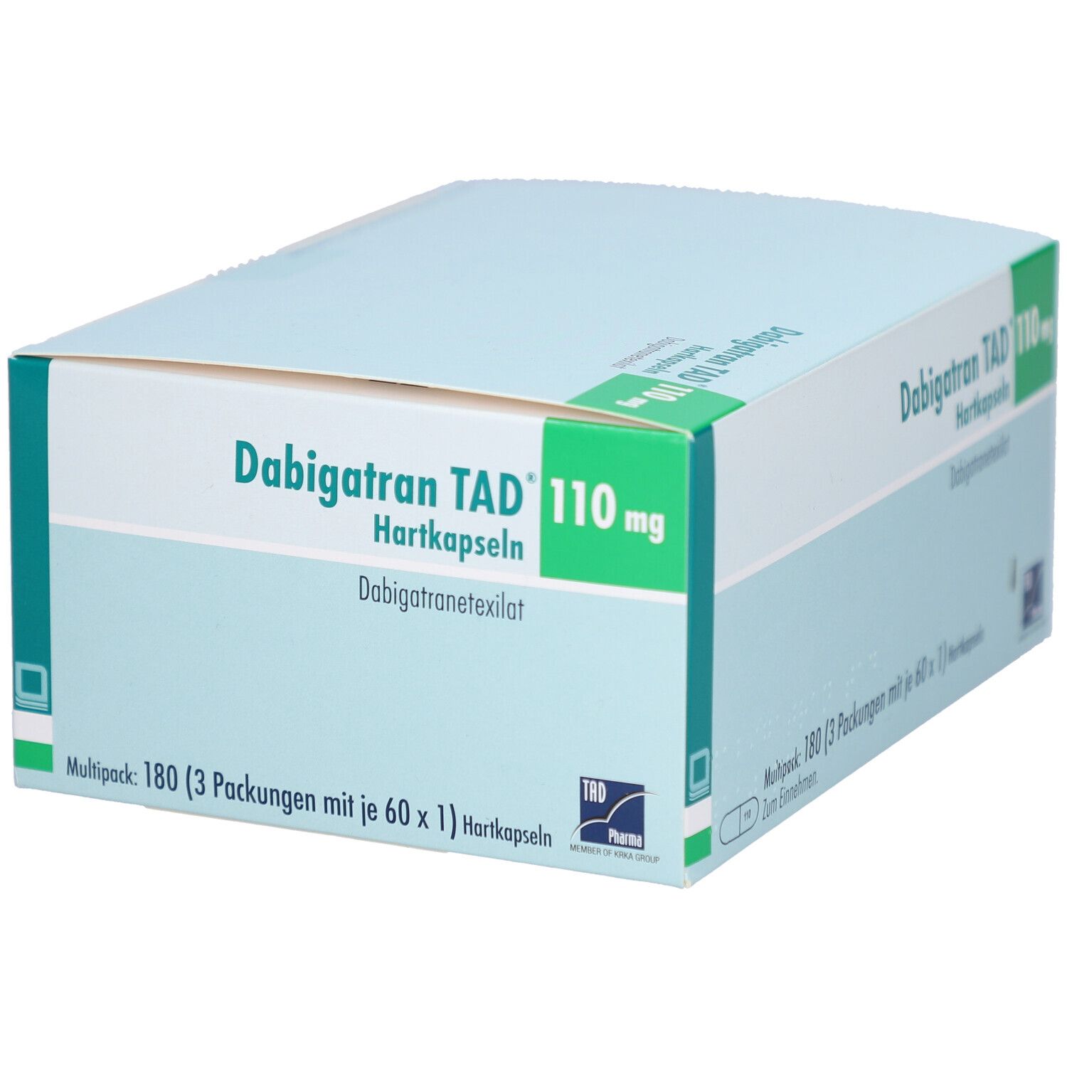 Dabigatran TAD 110 mg Hartkapseln. Verpackung mit Produktinformationen. Mehrpackung: 180 Kapseln (3x60).