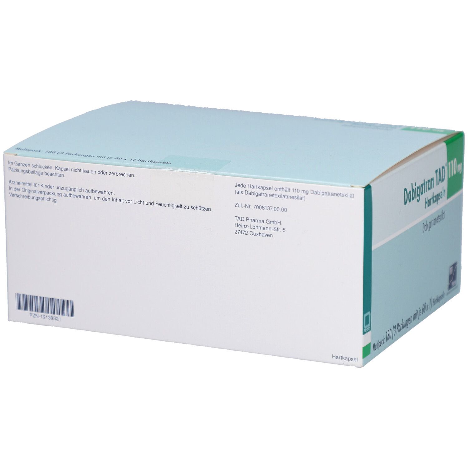 Dabigatran TAD 110 mg Hartkapseln. Verpackung mit Produktinformationen. Rückseite der Verpackung.