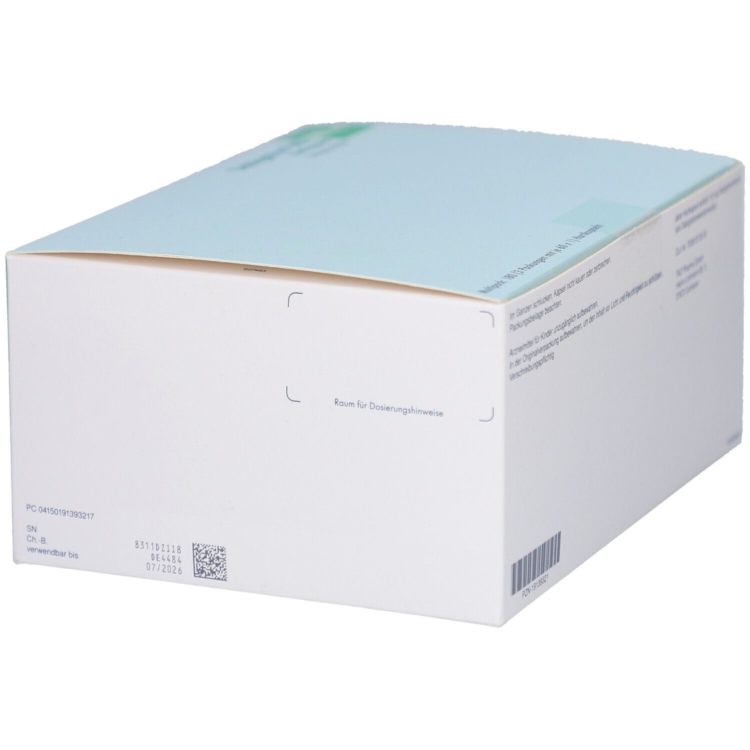 Dabigatran TAD 110 mg Hartkapseln. Verpackung mit Produktinformationen. Rückseite der Verpackung.