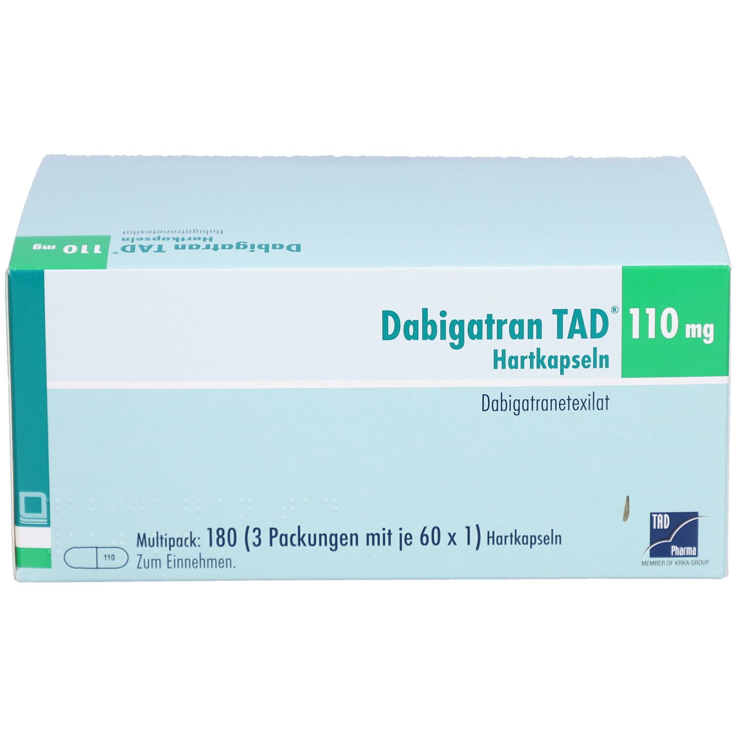 Dabigatran TAD 110 mg Hartkapseln. Verpackung mit Produktinformationen. Mehrpackung: 180 Kapseln (3x60).