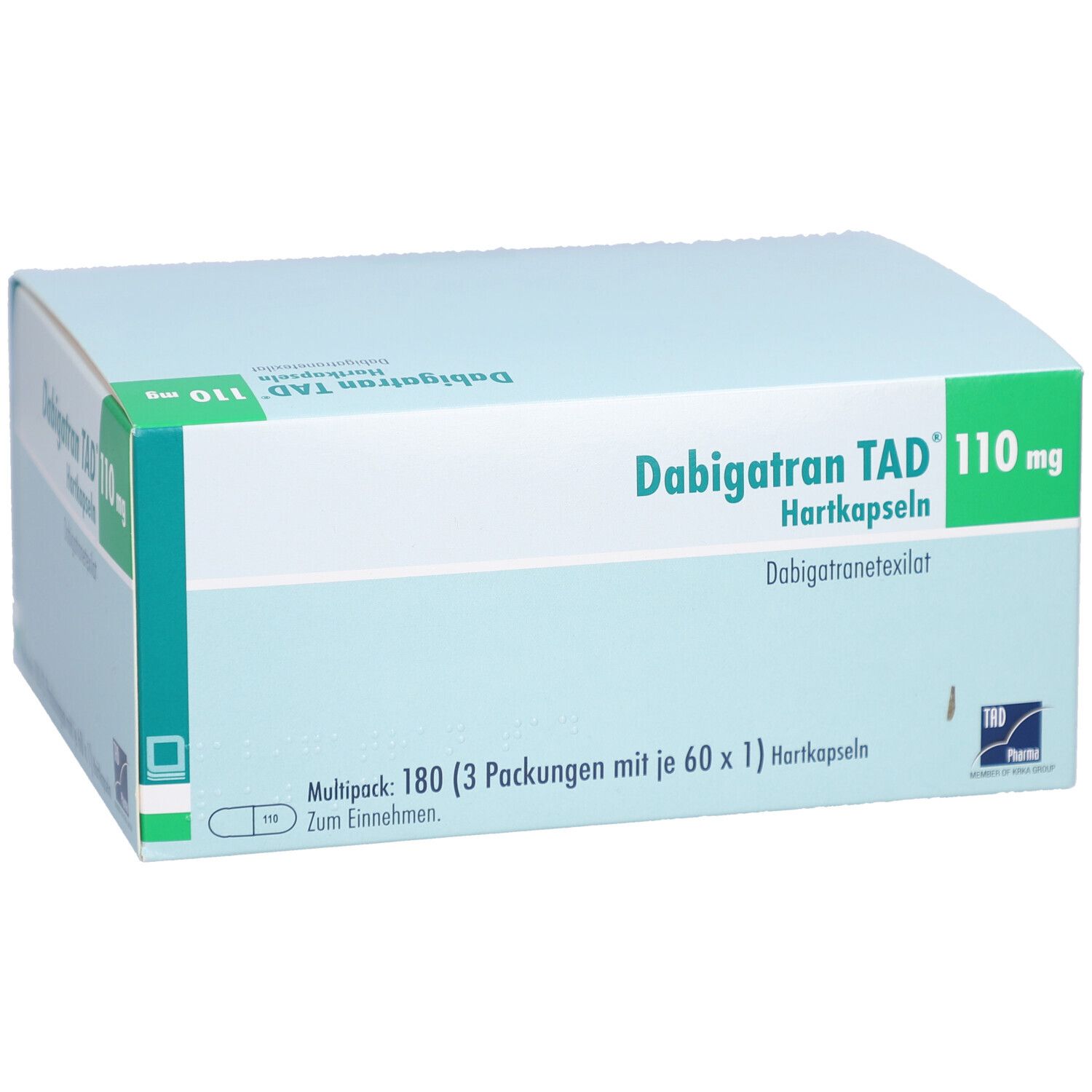 Dabigatran TAD 110 mg Hartkapseln. Verpackung mit Produktinformationen. Mehrpackung: 180 Kapseln (3x60).