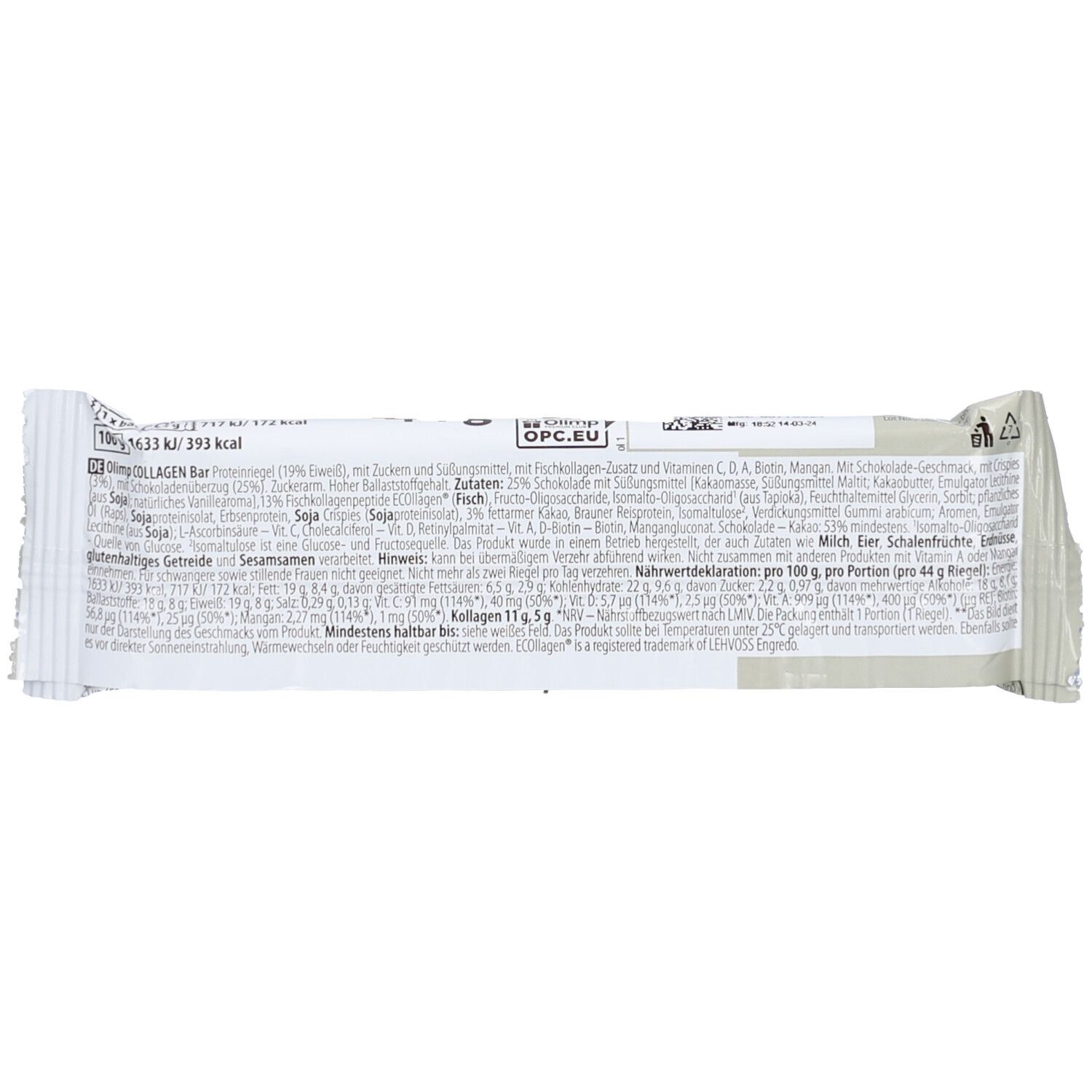 Rückseite der Riegelverpackung mit Text. Angaben zu Inhaltsstoffen, Nährwerten und Hersteller. OPC.EU-Logo.