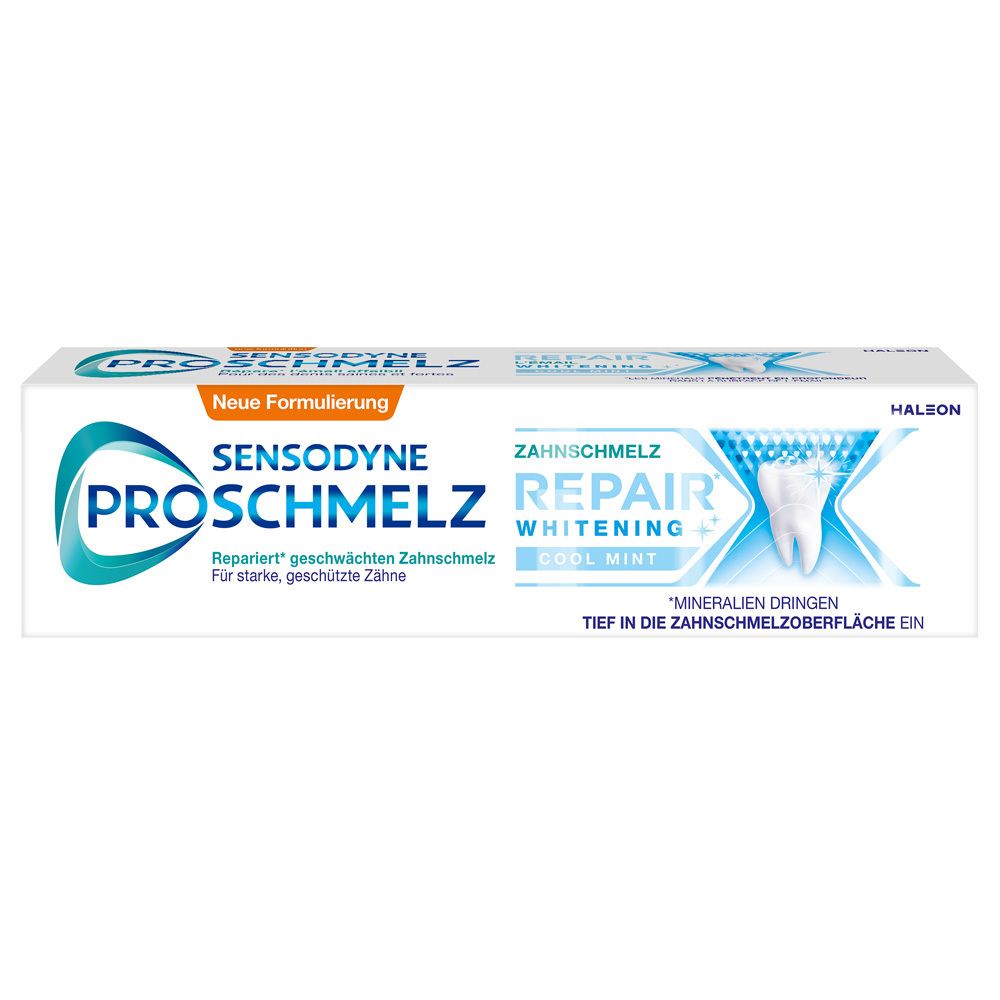 Zahnpasta-Tube und -Verpackung. Marke: Sensodyne ProSchmelz Repair Whitening. Farbe: Weiß, Blau. Text: Cool Mint.