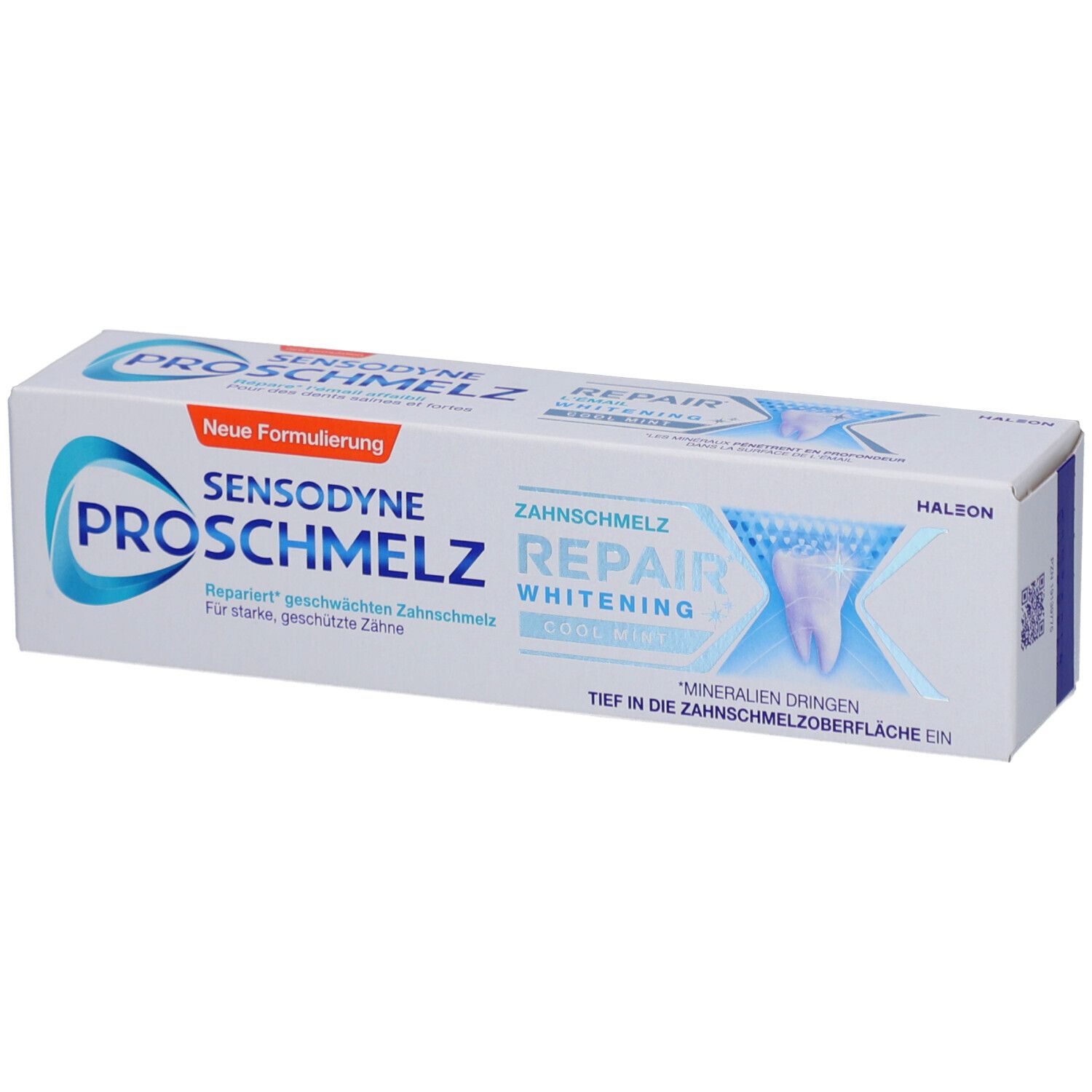 Zahnpasta-Verpackung. Sensodyne ProSchmelz Repair Whitening. Blaue und weiße Schachtel mit Produktinformationen.