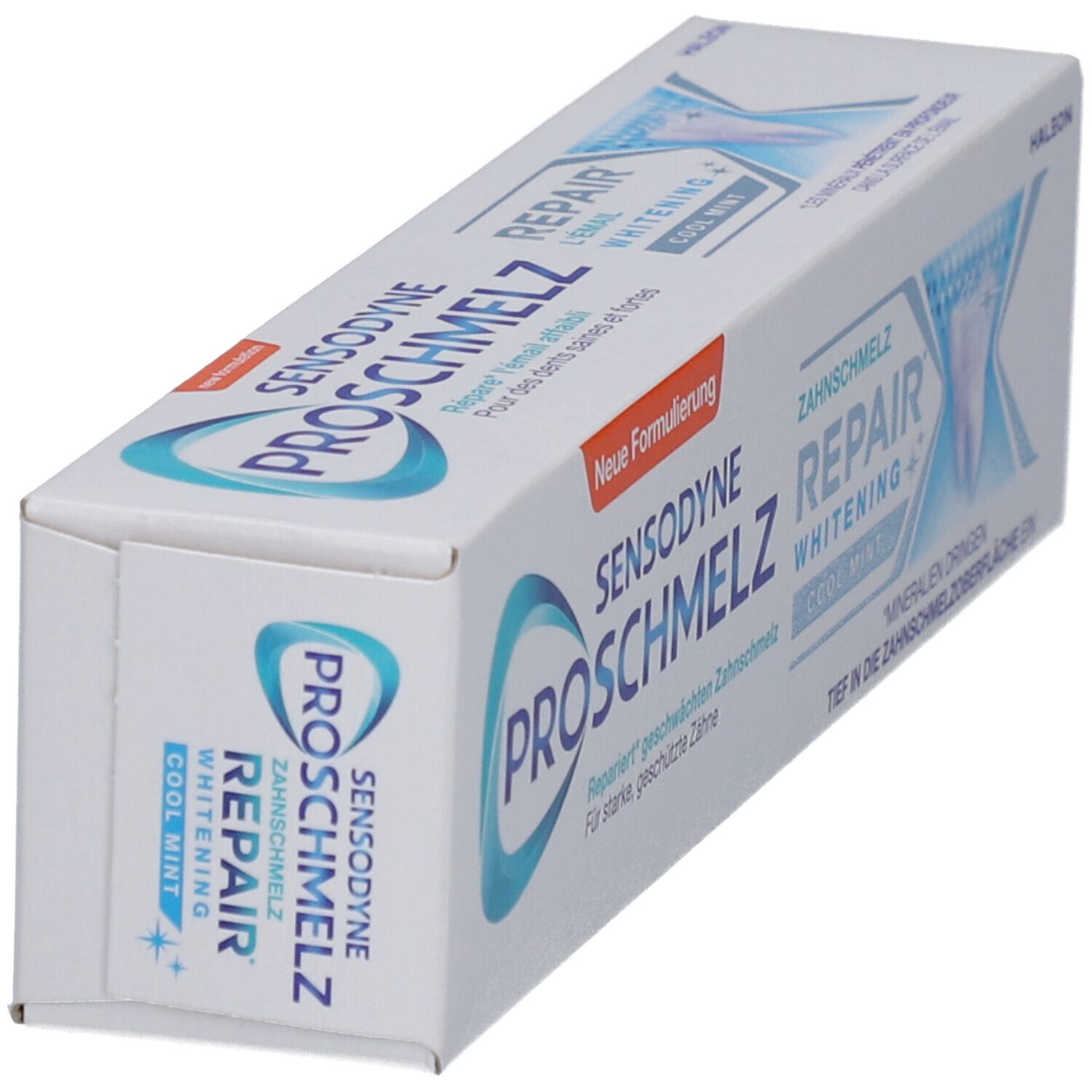 Zahnpasta-Verpackung. Sensodyne ProSchmelz Repair Whitening. Schachtel mit Cool Mint. Blaue und weiße Farben.