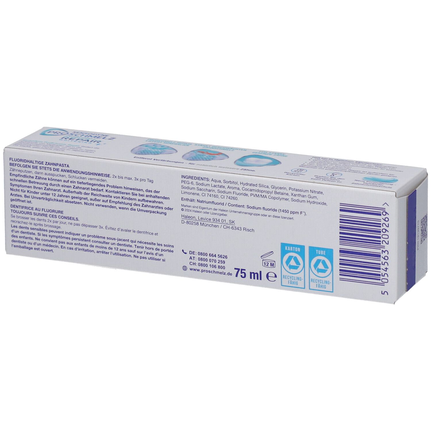Rückseite der Zahnpasta-Verpackung. Informationen zu Inhaltsstoffen, Anwendung und Hersteller. 75 ml.