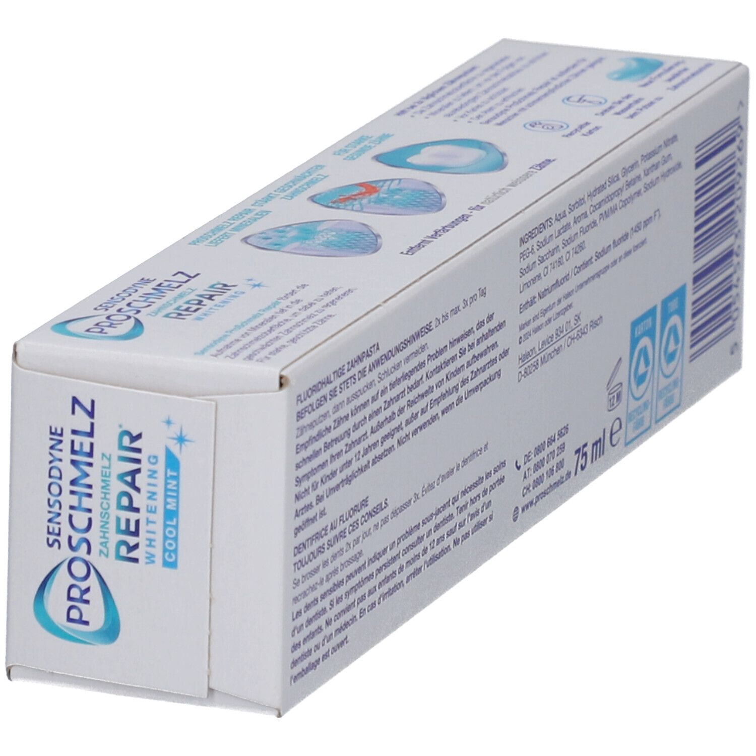 Rückseite der Zahnpasta-Verpackung. Informationen zu Inhaltsstoffen, Anwendung und Hersteller. 75 ml.