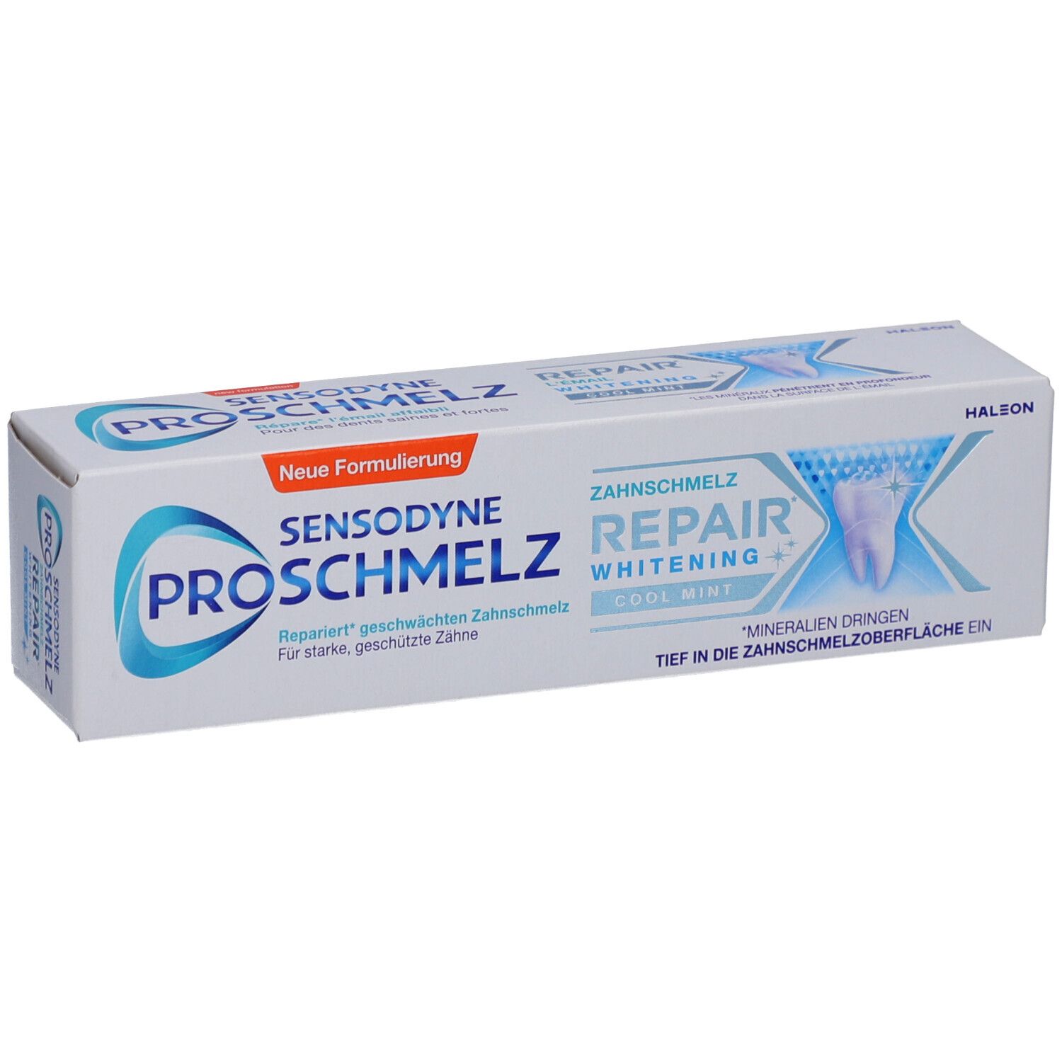 Zahnpasta-Verpackung. Sensodyne ProSchmelz Repair Whitening Cool Mint. Blaue und weiße Schachtel.
