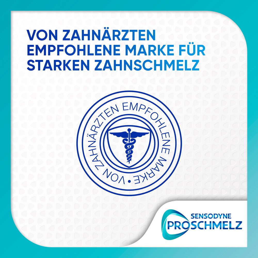 Kreisförmiges Logo mit Text: Von Zahnärzten empfohlene Marke. Marke: Sensodyne ProSchmelz. Hintergrund: Blau.
