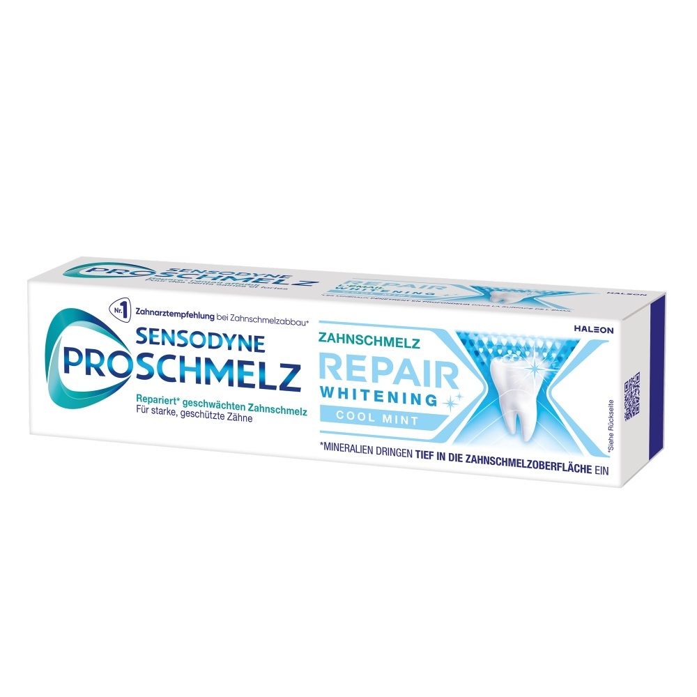 Sensodyne ProSchmelz Repair Whitening Zahnpasta-Karton mit Zahnabbildung und blauen Designelementen.
