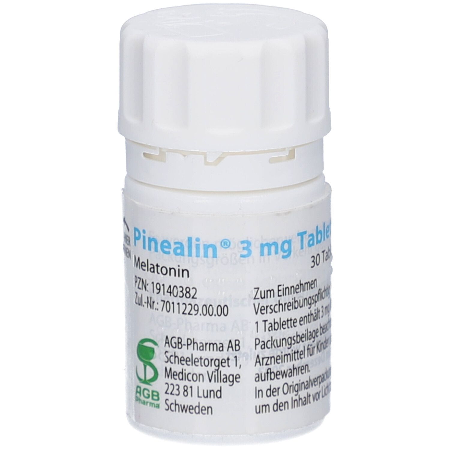 Weiße Tablettenflasche mit Schraubverschluss. Aufschrift: Pinealin 3 mg Tabletten, Melatonin. AGB-Pharma AB.
