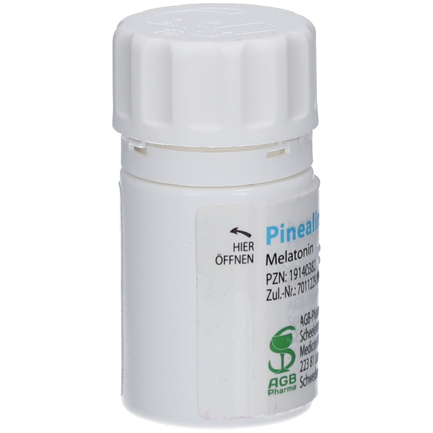 Weiße Tablettenflasche mit Schraubverschluss. Aufschrift: Pinealin, Melatonin. AGB-Pharma AB. Pfeil: Hier öffnen.