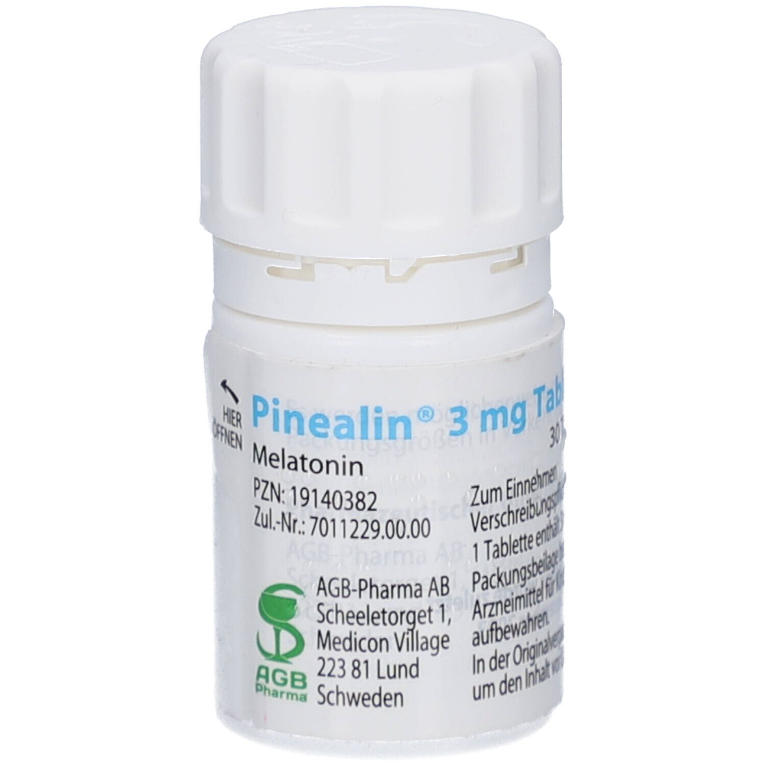 Weiße Tablettenflasche mit Schraubverschluss. Aufschrift: Pinealin 3 mg Tabletten, Melatonin. AGB-Pharma AB. Pfeil: Hier öffnen.