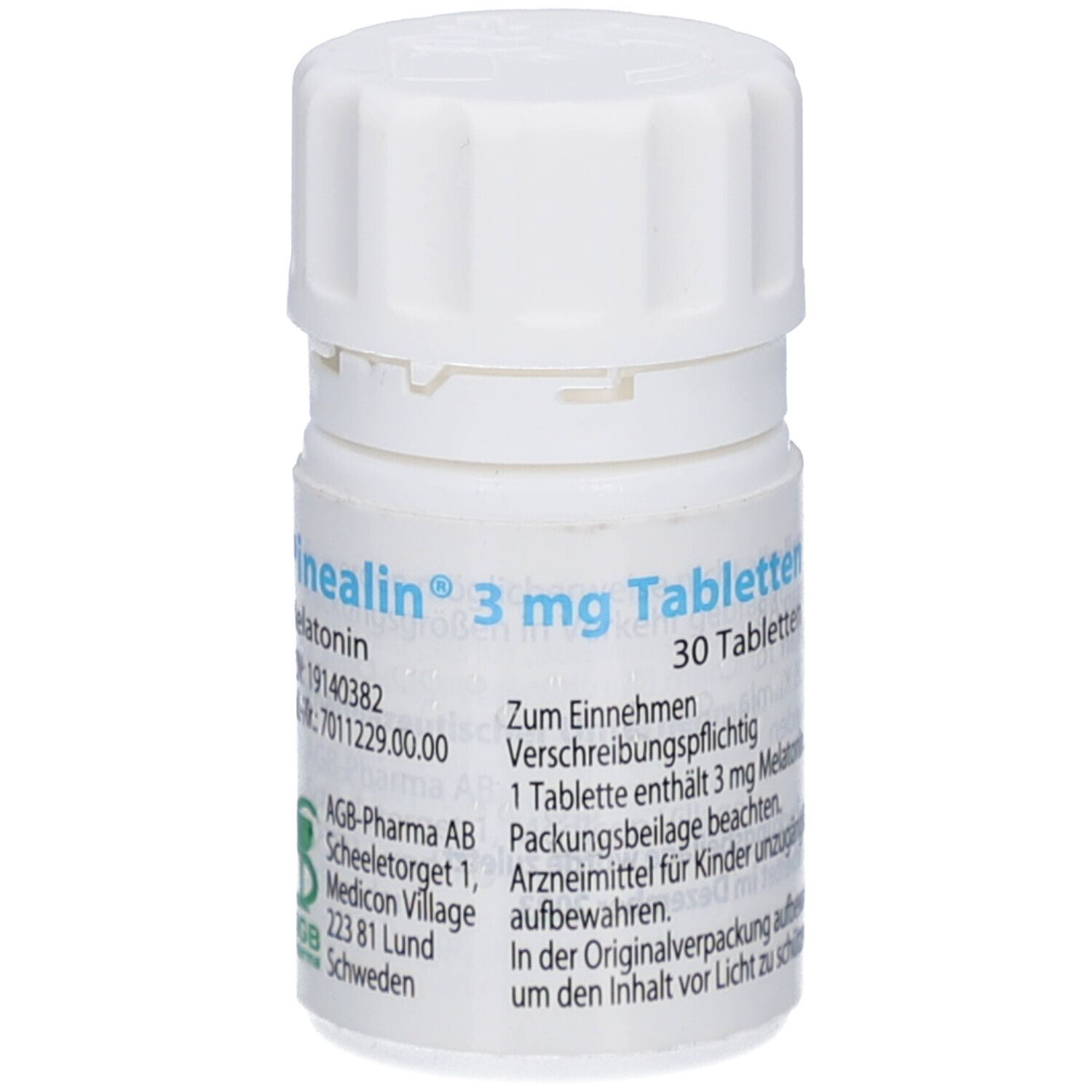 Weiße Tablettenflasche mit Schraubverschluss. Aufschrift: Pinealin 3 mg Tabletten, 30 Tabletten. AGB-Pharma AB.