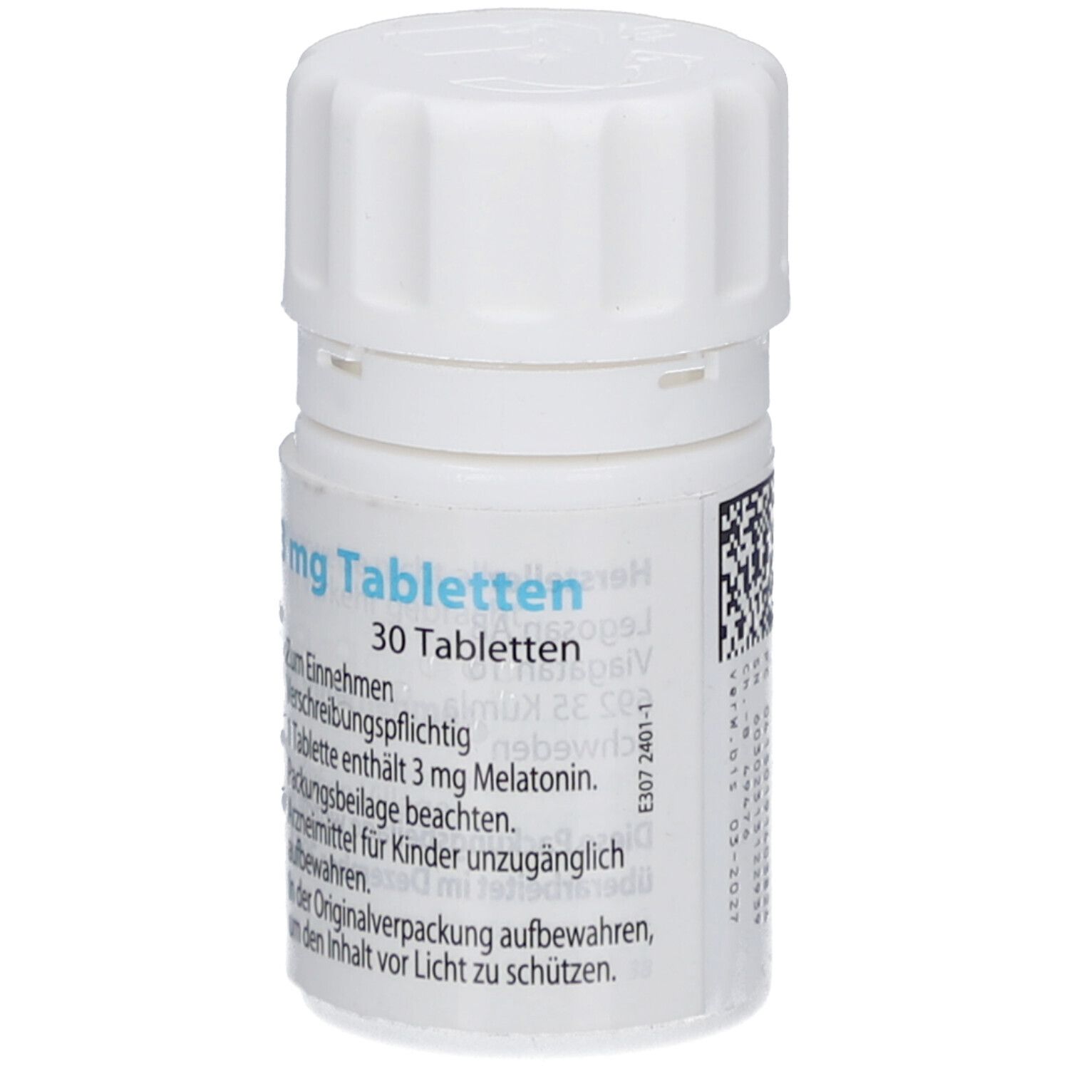 Weiße Tablettenflasche mit Schraubverschluss. Aufschrift: 30 Tabletten. Barcode. AGB-Pharma AB.