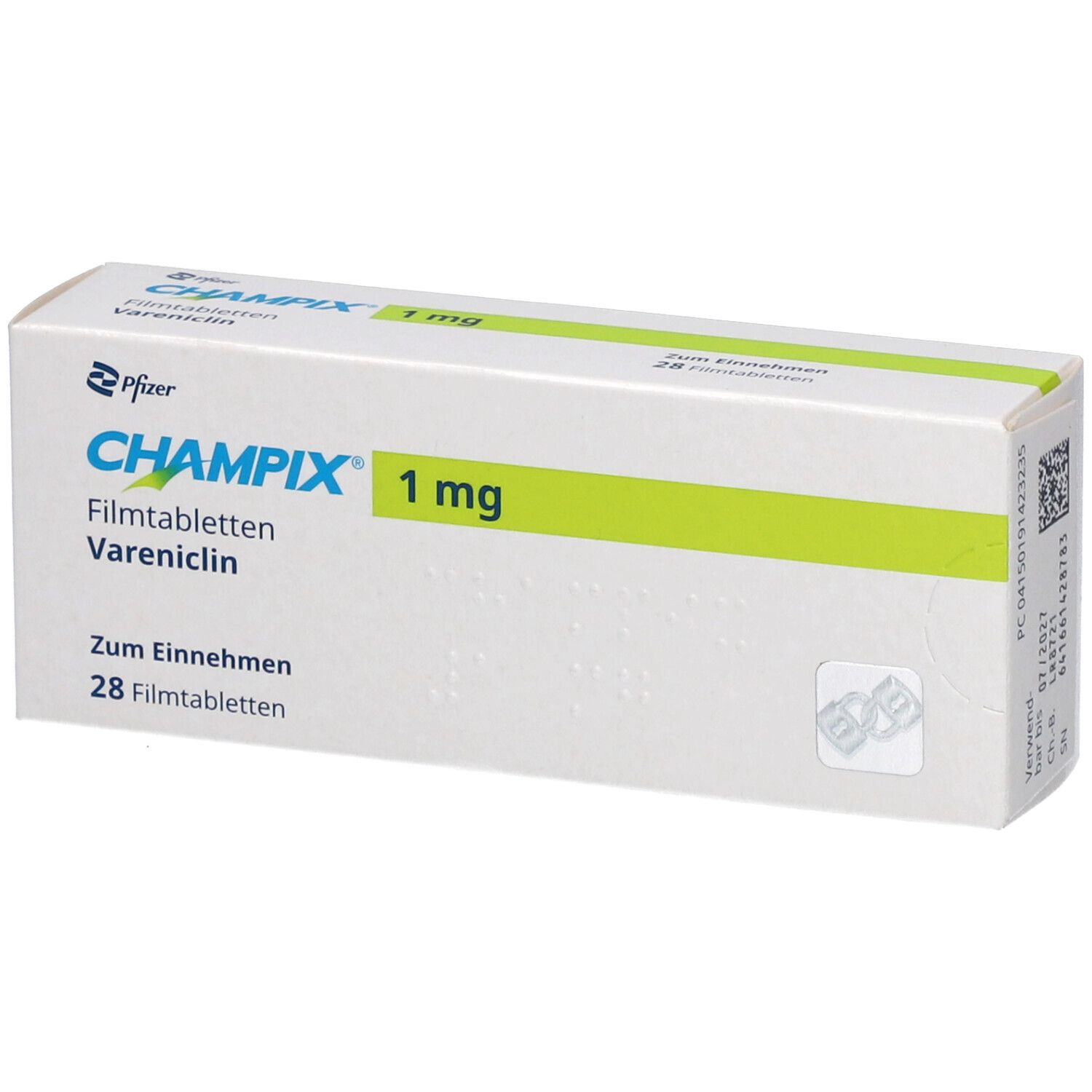 Schachtel mit CHAMPIX 1 mg Filmtabletten. Enthält 28 Tabletten. Aufschrift: Vareniclin. Hersteller: Pfizer.