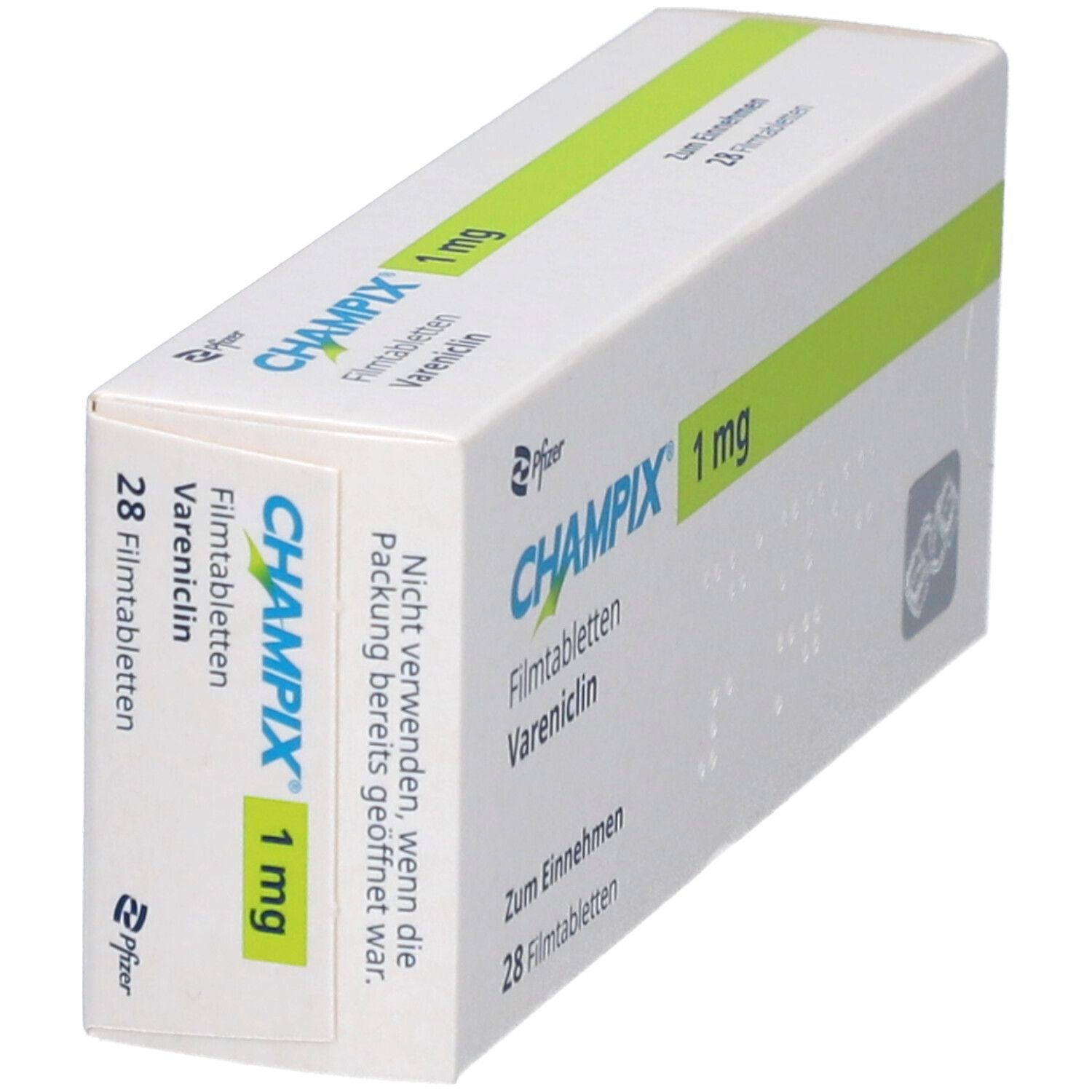 Schrägansicht der CHAMPIX-Packung. Aufschrift: CHAMPIX 1 mg Filmtabletten, Vareniclin, 28 Tabletten. Hersteller: Pfizer.