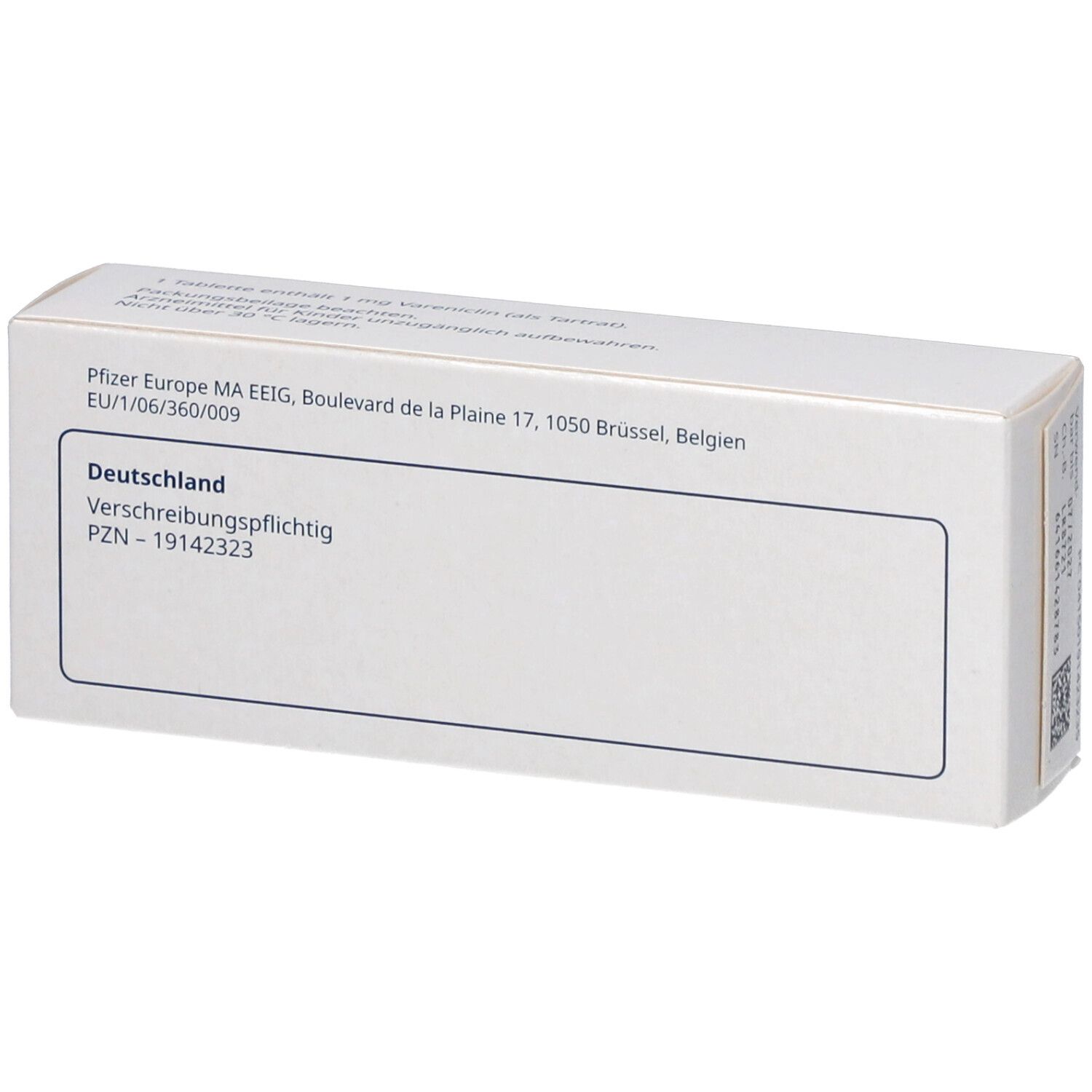 Rückseite der CHAMPIX-Packung. Enthält Informationen wie Herstelleradresse und PZN-Nummer.