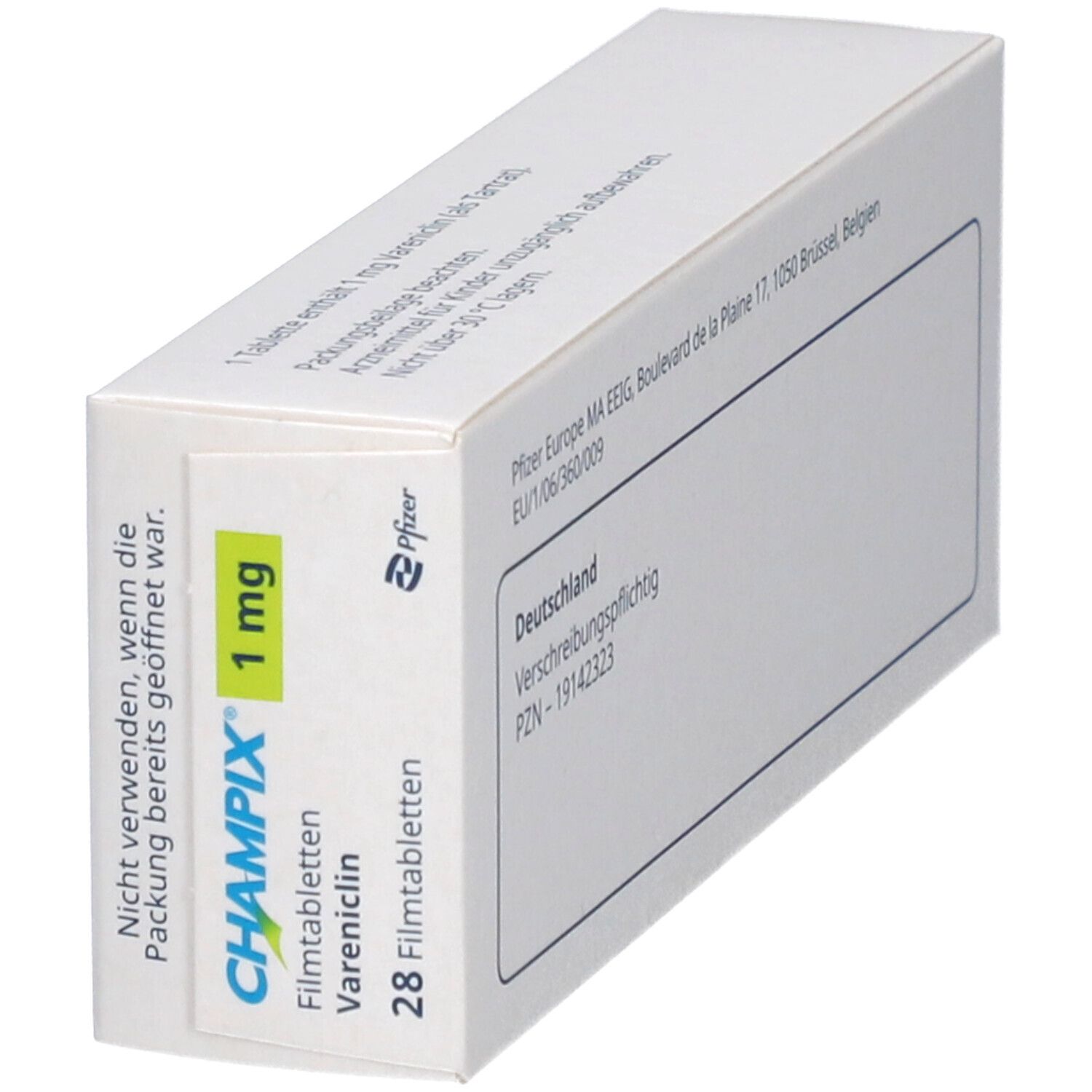 Schrägansicht der CHAMPIX-Packung. Aufschrift: CHAMPIX 1 mg, 28 Filmtabletten. Hersteller: Pfizer.
