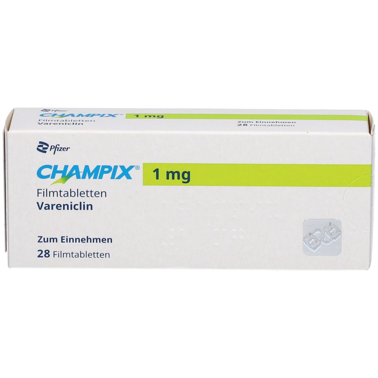 Vorderansicht der CHAMPIX-Packung. Aufschrift: CHAMPIX 1 mg Filmtabletten, Vareniclin, 28 Tabletten. Hersteller: Pfizer.